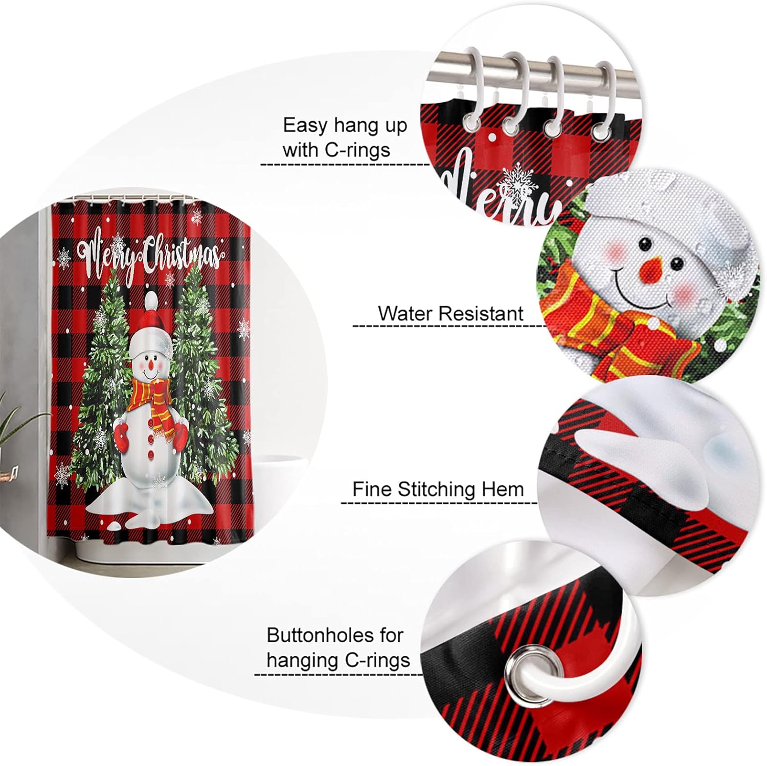 BestLives Christmas Shower Curtains 72 x 84 Inches Snowman with Xmas Tree Bath Curtain Red Buffalo Plaid Check Waterproof Polyester Fabric Bathroom Curtain with 12 Hooks Decoration