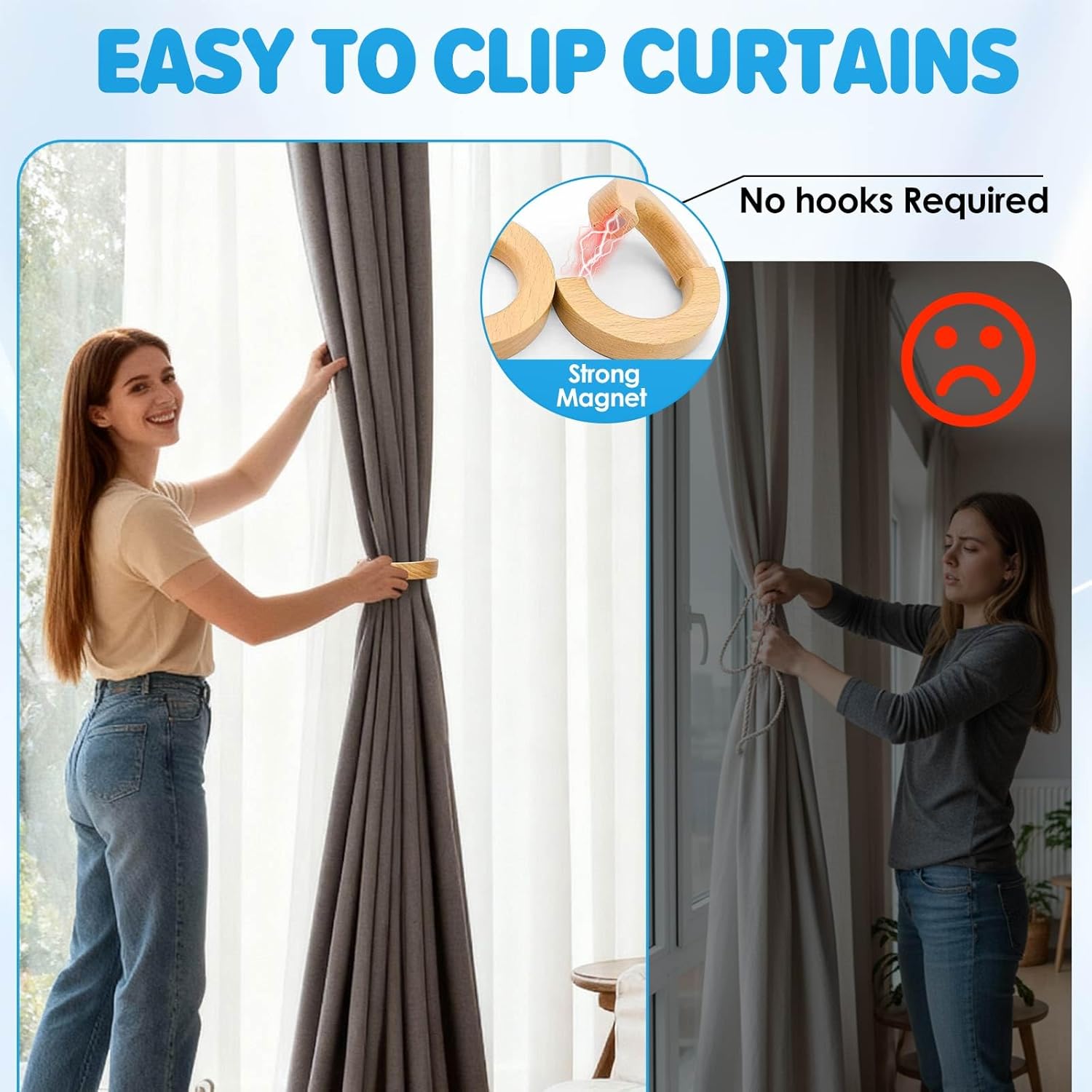 4PCS Wood Curtain Tiebacks Holdbacks,Wooden Magnetic Curtain Tiebacks 3.9 in Diameter,Boho and European Retro Curtain Clips,Strong Magnetic for Home,Office,Gifts,Multifunctional Pants Hanger