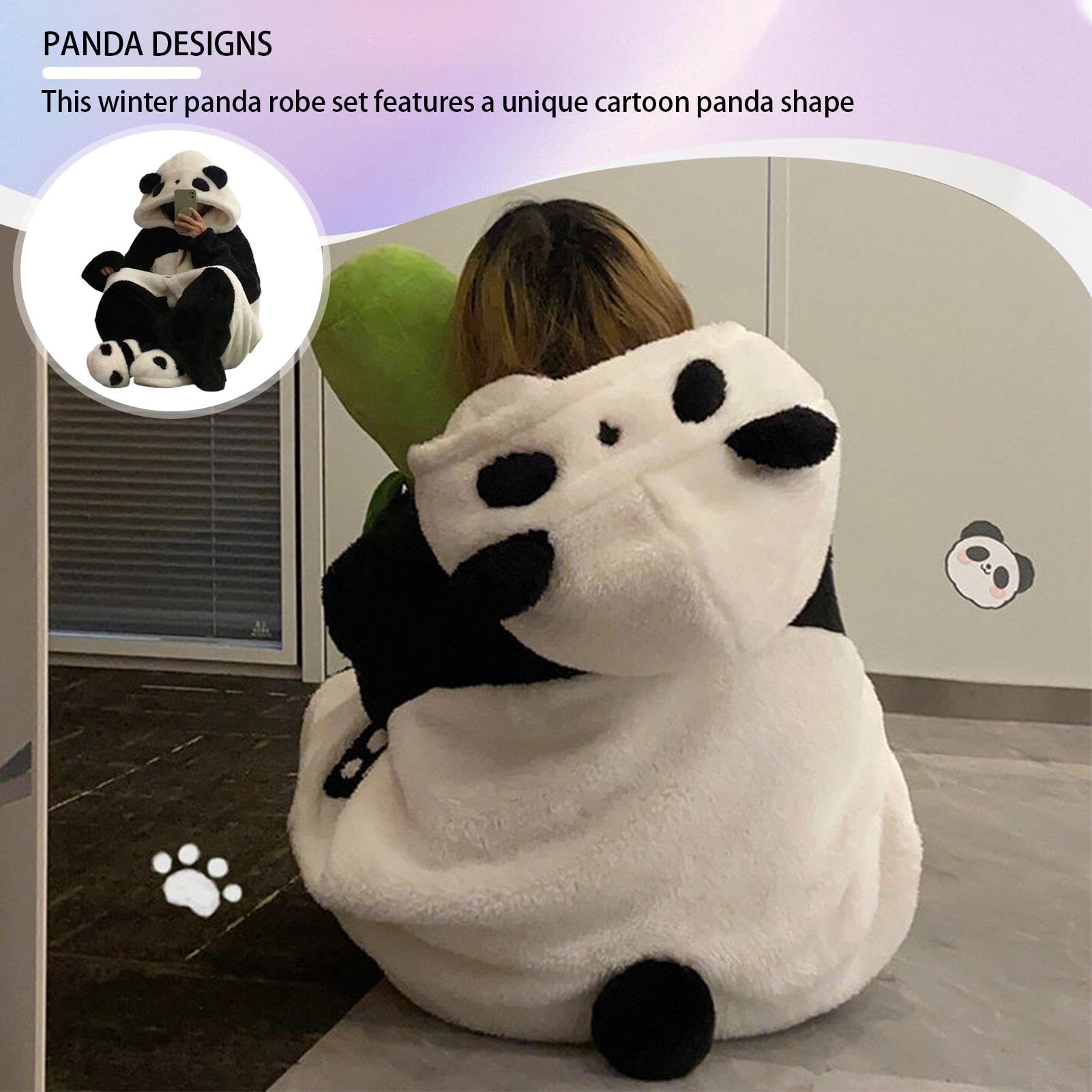 Pijama De Panda Ropa De Dormir Con Capucha De Forro Polar De Coral Gruesa Y