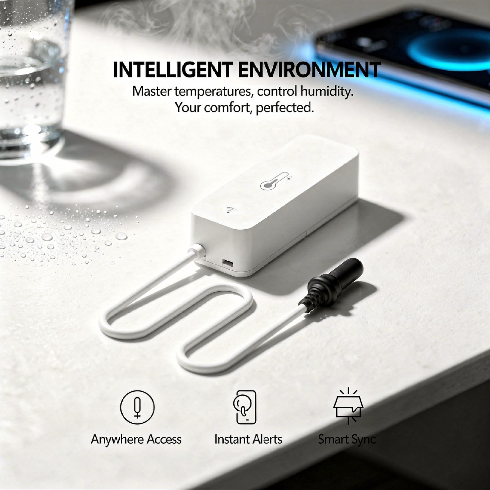 Temperatur- und Luftfeuchtigkeitsdetektor, WLAN-Verbindung, kabelloser Sensor mit T01-Außenfühler für präzise Echtzeitüberwachung, Smart-Home-Automatisierung, 12 x 8 x 2 cm, Weiß