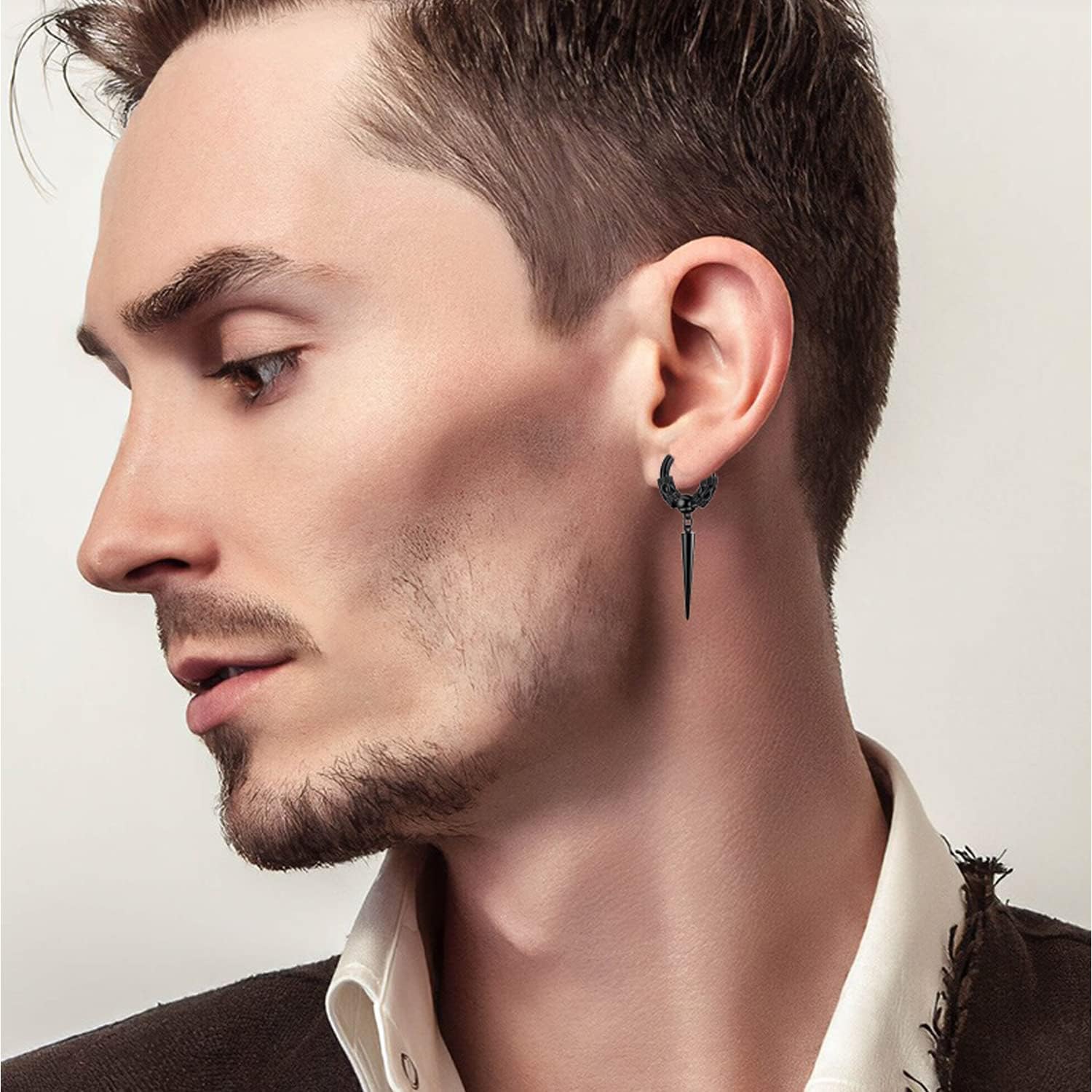 Men's Fashion Korea Style Stainless Steel Huggie Hinged Hoop Earrings with Long Chains Dangle Retro Feather Leaf Skull Awl for Men Women Boys - Image 5