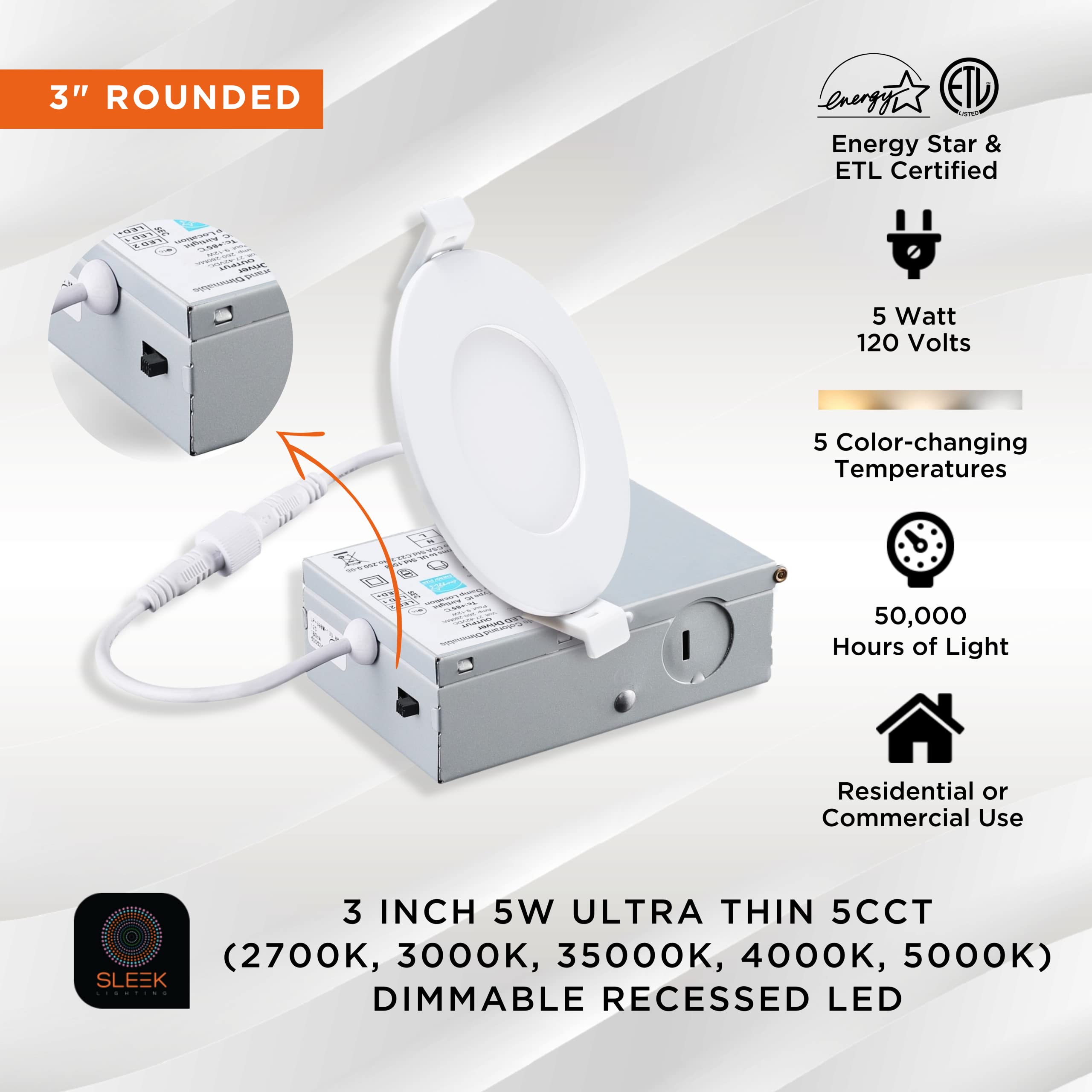 SLEEKLIGHTING 3 Inch 5W Ultra Thin 5CCT Selectable Retrofit Flat Panel Light with Junction Box – Slim Profile Dimmable Recessed LED Downlight Fixture 2700K,3000K,3500K,4000K and 5000K– ETL & ES