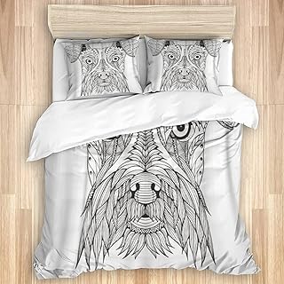 KOSALAER Ensemble de Housse de Couette en Coton lavé, Crayon à Main levée Zentangle tête de Chien Schnauzer, Ensemble de literie Doux de Luxe 3 pièces King Size