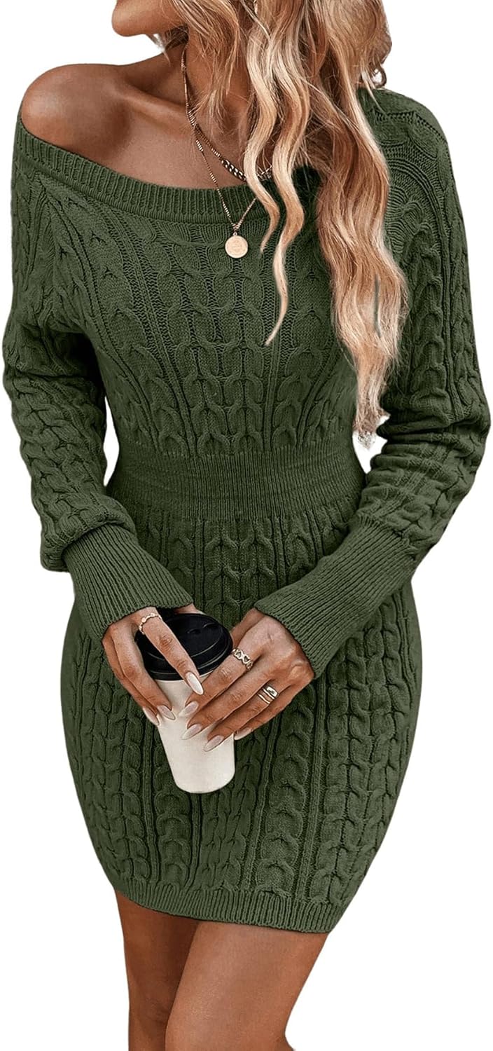 GORGLITTER Women's Cable Knit Sweater Dress Long Sleeve Knit Fall Winter Dresses Crewneck Mini Pencil Dresses - Image 4