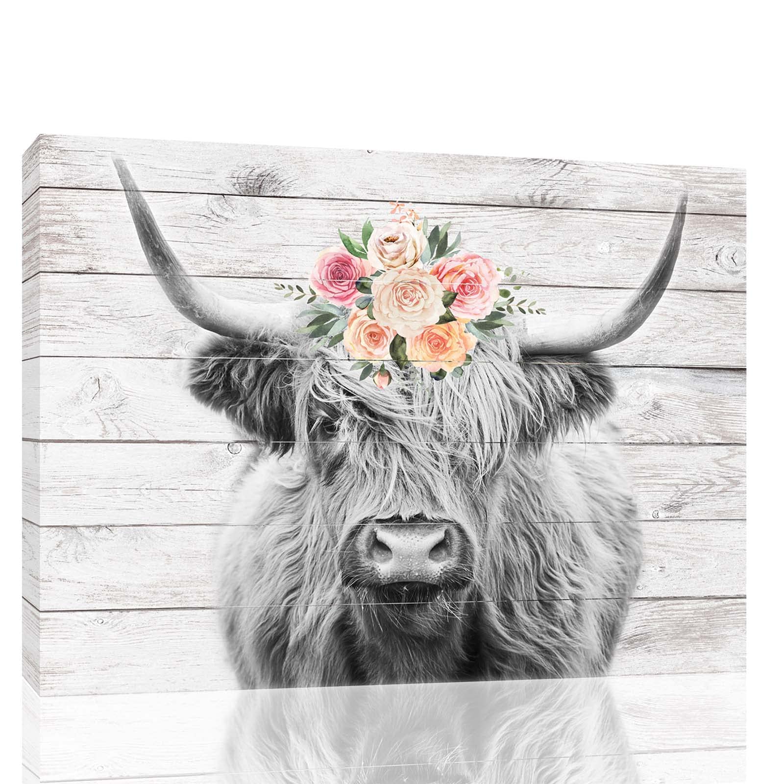 FOTRIC Cow Wall Decor Black White Highland Cow Headband Flower Canvas Wall Art Farmhouse Bathroom Wall Decor Poster Rustic Kitchen Framed Painting (Wooden frame24''x30'')