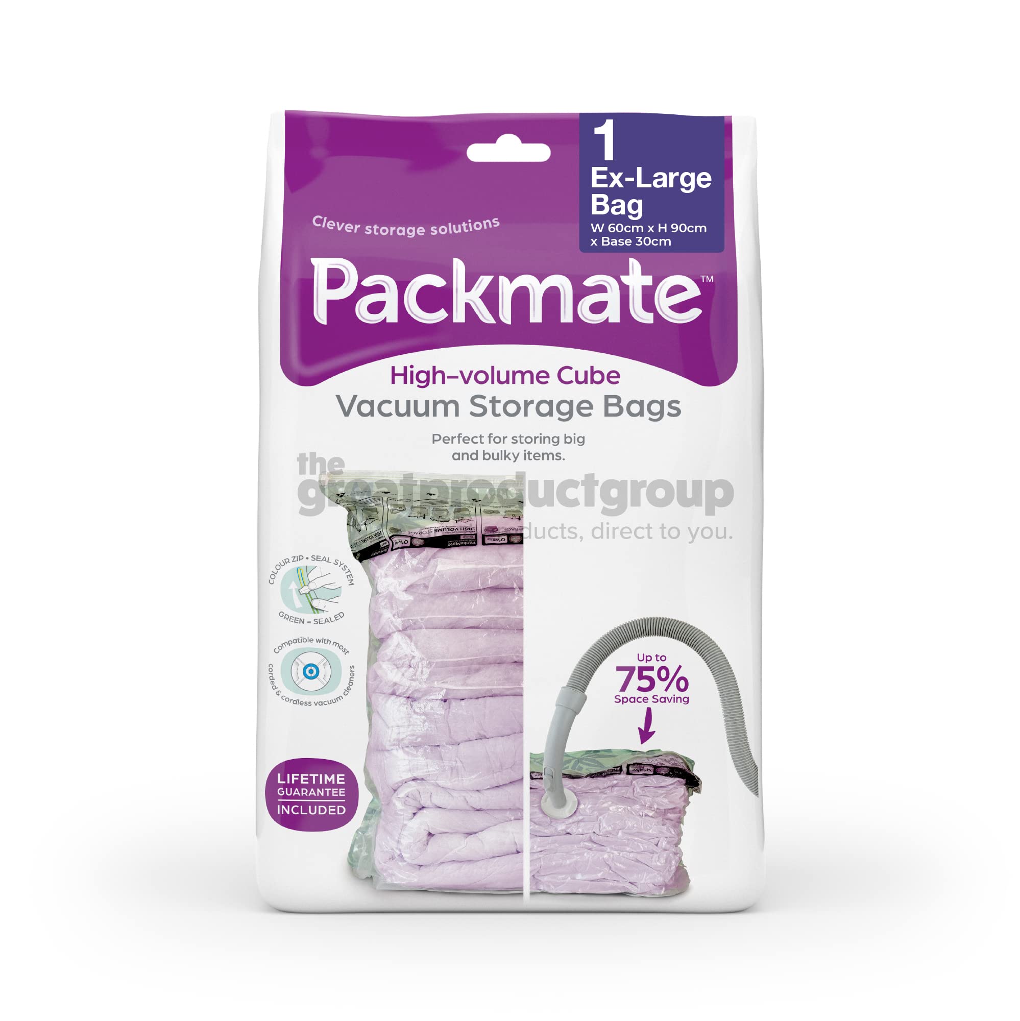 Packmate - 1 Extra Large 90 x 60 x 30cm Cube Vacuum Storage Bag - Ideal for Storing Duvets, Pillows, Blankets, Clothing, Towels and Much More