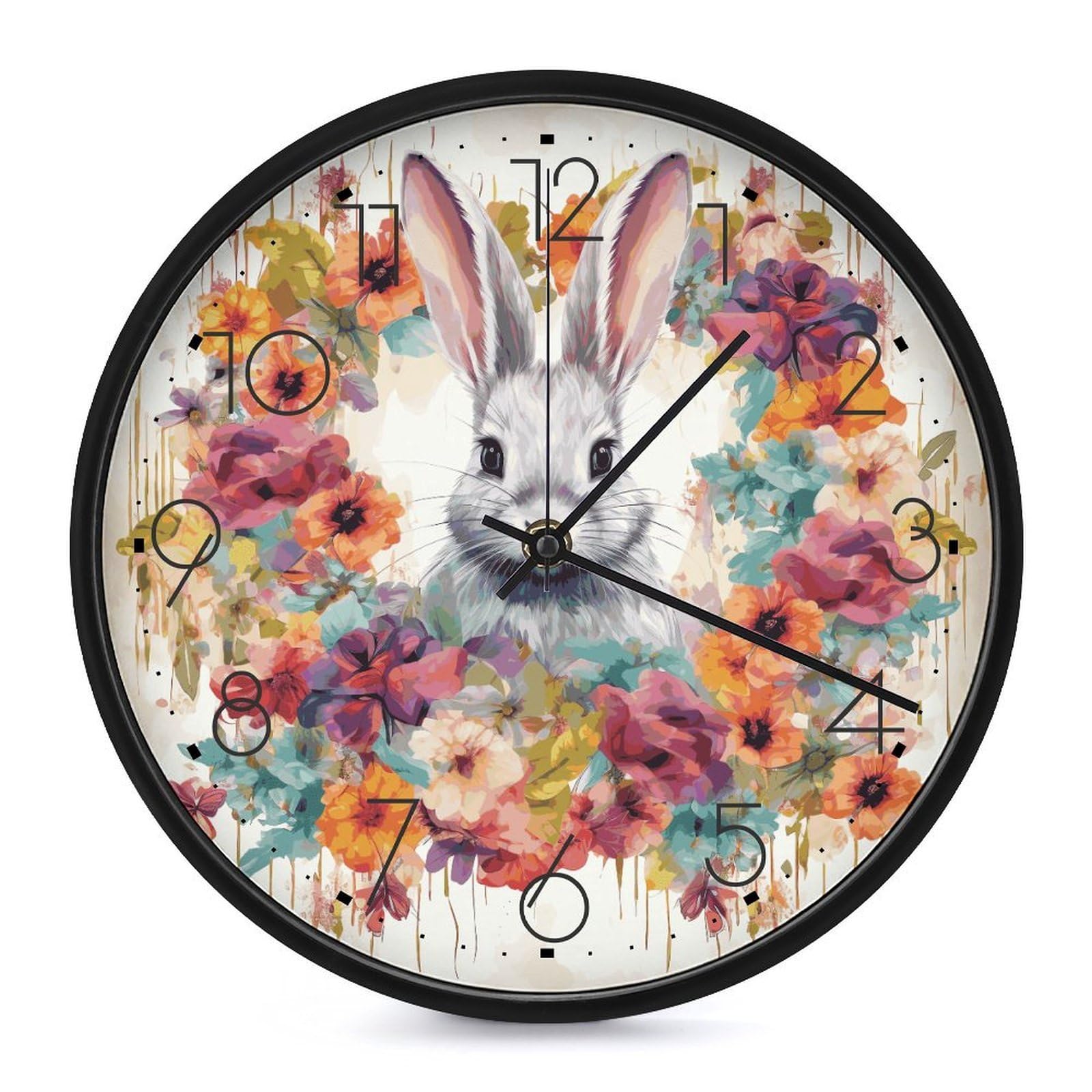 DWVTSLH Watercolor Rabbit and Flowers Wall Clock 10 Inch Silent Non-Ticking Modern Clocks Battery Operated - Decorative Wall Clocks for Bedroom Living Room Kitchen Office Wall Decor Gift Idea