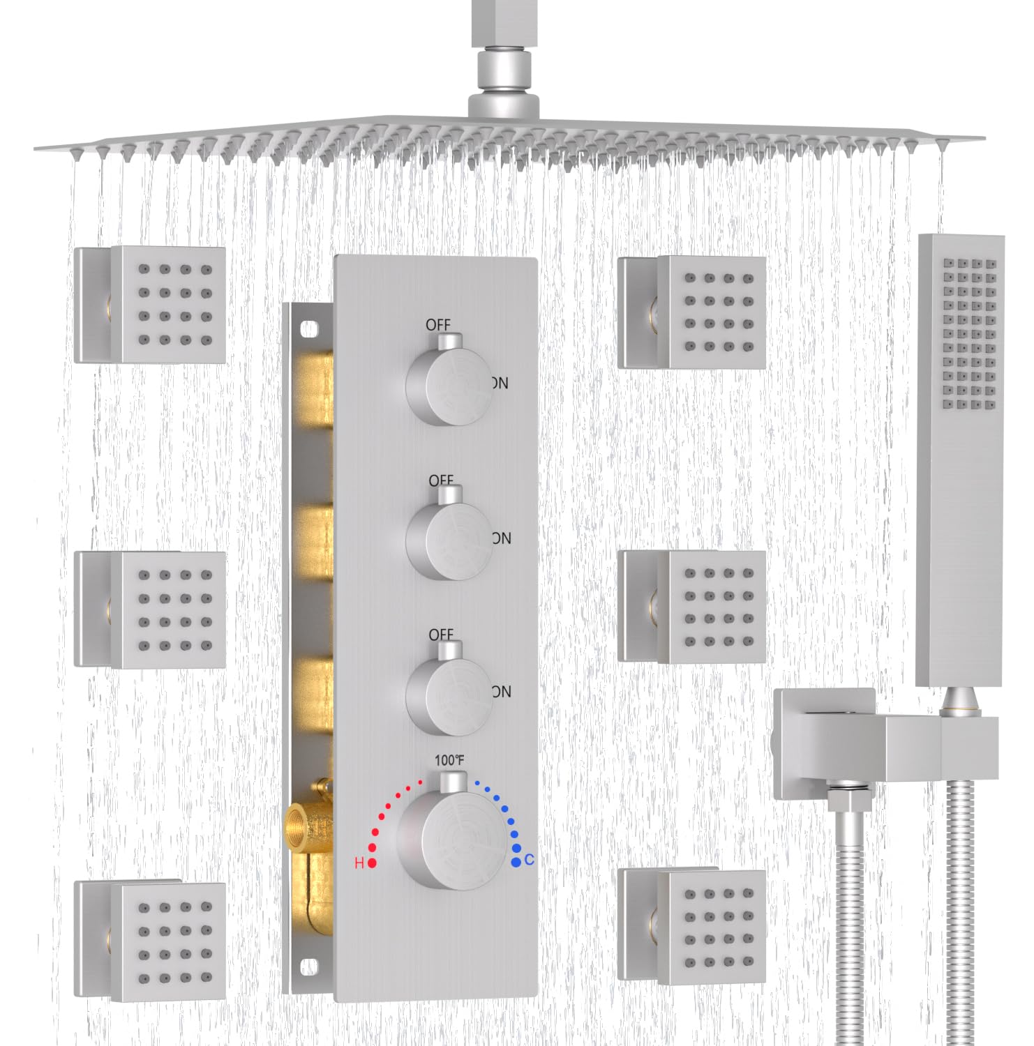 Enga 16inch Thermostatic Rain Shower System with Body Spray Jets Ceiling Mount Shower Faucet Set with Valve, Use All Functions Together or Separately, Brushed Nickel