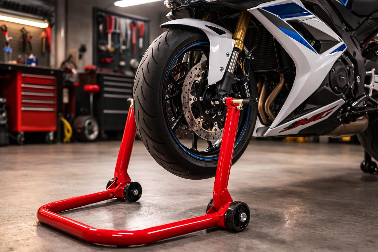Xplorer Uniwersalny składany stalowy tylny stojak na motocykl, kolor czerwony - obsługa konserwacji i przechowywania - oszczędzająca miejsce, gumowana konstrukcja odporna na zarysowania