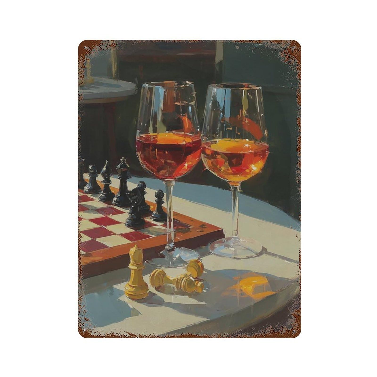 xiaoxiaoshen Chess And Wine Painterly Warm Still Life Wall Decor Art Metal Tin Poster Modern Home Decor Art Home Bar Shop Decorations Vintage Sign 40x30cm