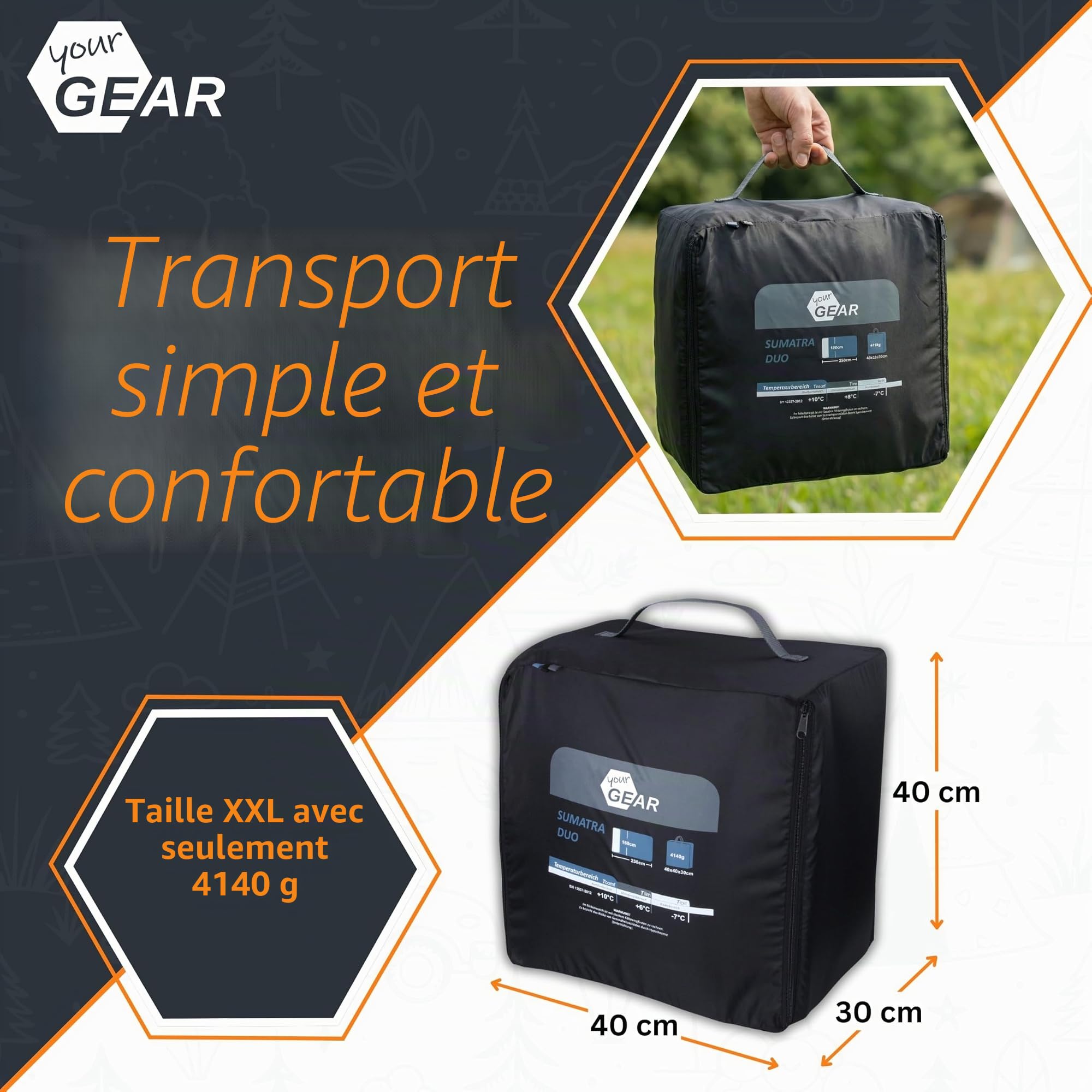 your GEAR Sumatra Duo Sac de couchage double pour 2 personnes avec 100 % flanelle de coton - Sac de couchage XXL divisible en 2 sacs de couchage simples - 3 saisons - Confort +10 °C/extrême -7 °C