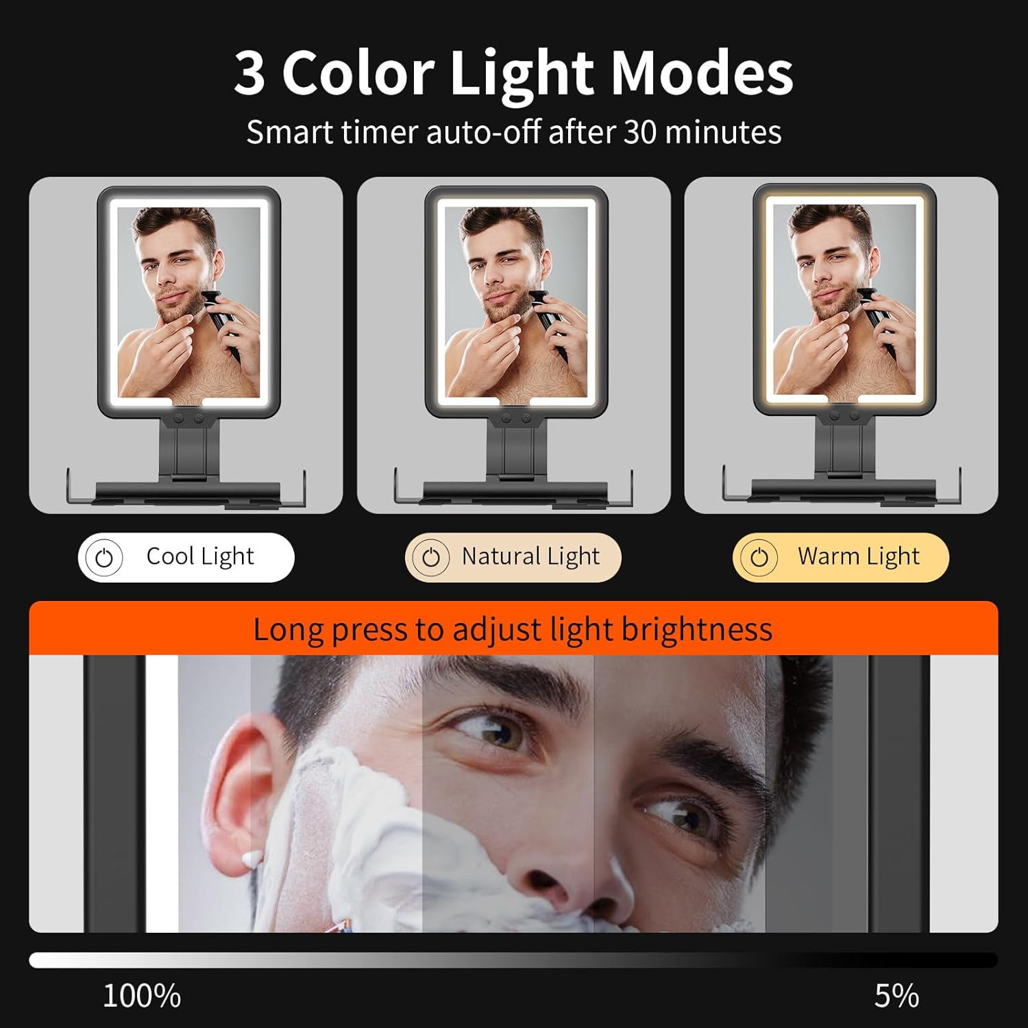 Shower Mirror Fogless for Shaving, Heated Shower Mirror with 3 Color Lights Dimming 9.5*8inch Shower Shaving Mirror, Lighted Shower Mirror Large Antifog Shaving Mirror with Storage Tray & Razor Holder