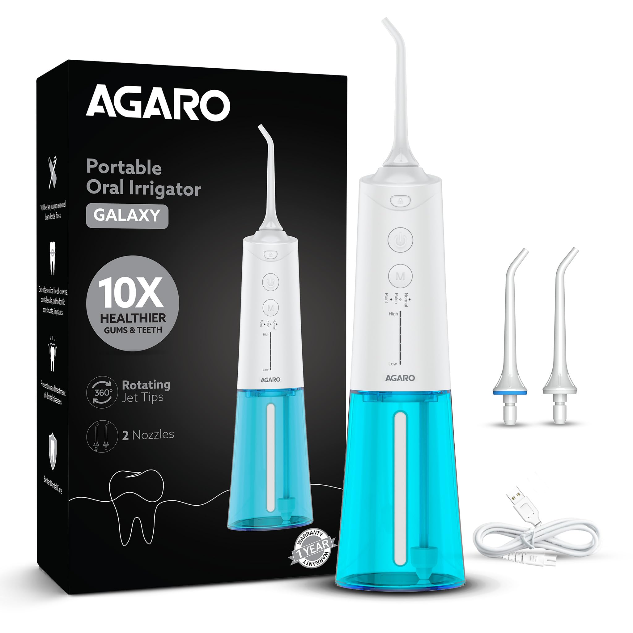 AGARO Galaxy Oral Irrigator, Portable, Cordless, Rechargeable, 3 Cleaning Modes, 6 Pressure Levels in Each Mode, IPX7 Waterproof, 230ml Water tank, Flossing at Home & Travel, White & Blue (B0CJHS7YMW) Amazon Price History, Amazon Price Tracker