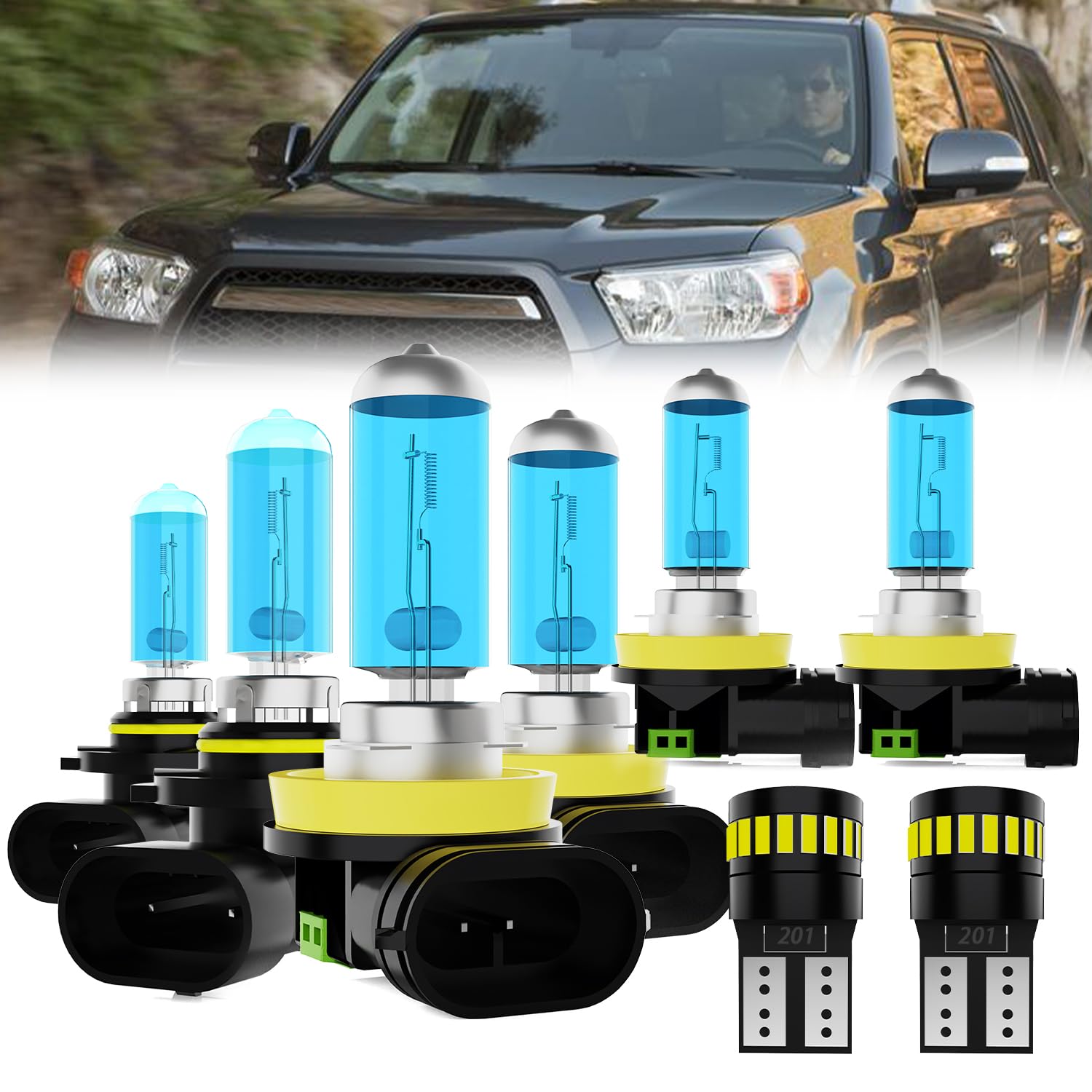 Headlight Bulbs License Plate Lights Fit For Toyota 4Runner 2010-2013, 9005 High Beam + H11 Low Beam + H11 Fog Lights Halogen Bulb + License Plate Lights, 6000K White, Pack of 8