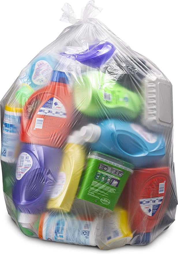 Clear Trash Bags 65 Gallon, (50 Count w/Ties) Large Clear Plastic