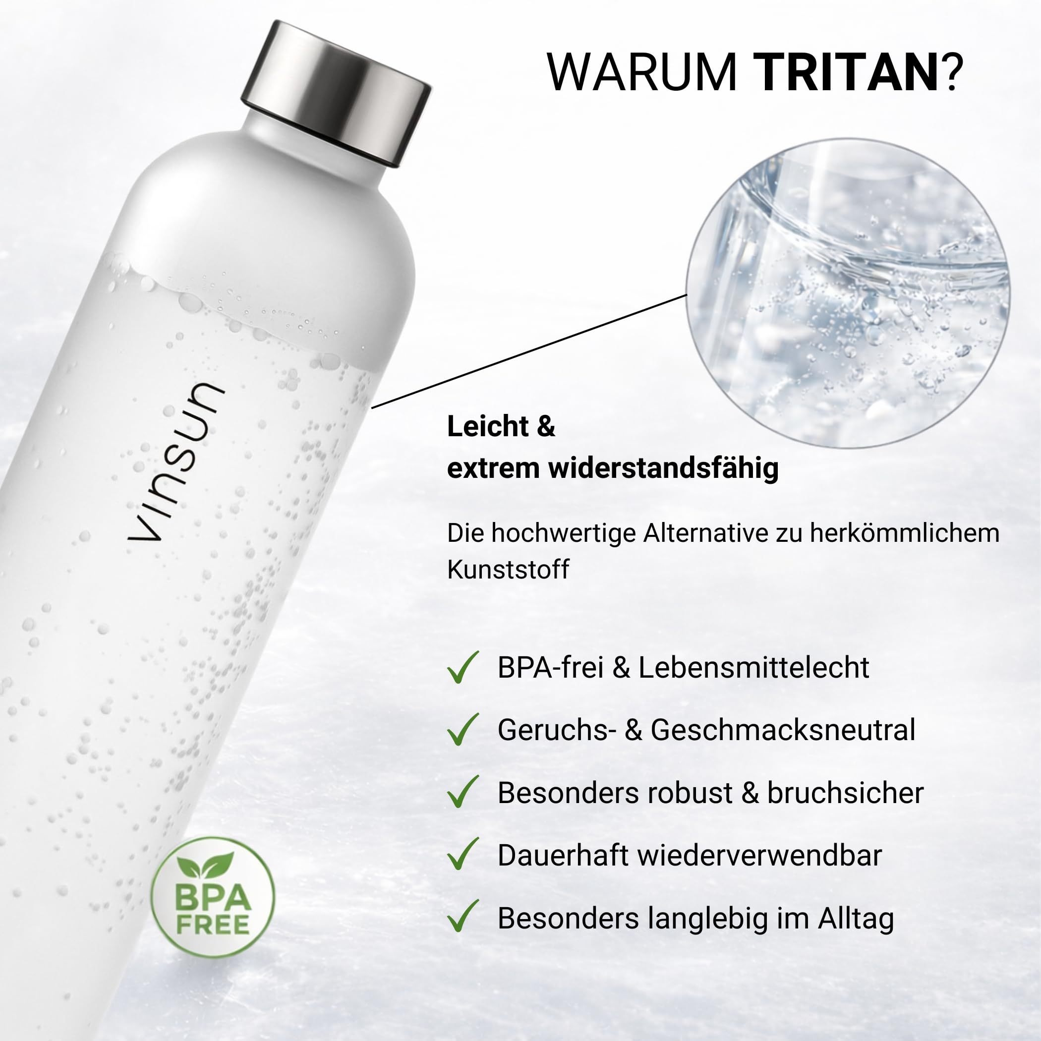 VINSUN Trinkflasche 650ml, 1000ml, 1500ml - auslaufsicher, Kohlensäure geeignet, BPA frei, Tritan - Leichte Wasser Flasche für Sport, Outdoor, Schule, Fahrrad, Büro
