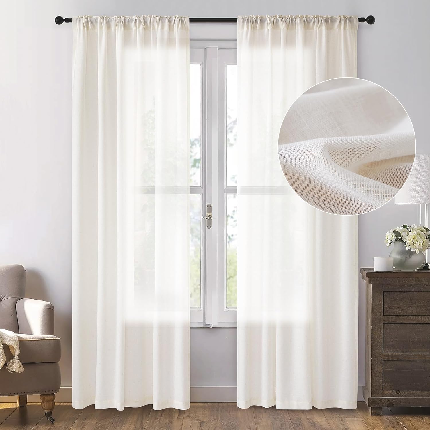 Dreaming Casa Natural Linen Semi Sheer Curtains 84 inches Long, Light Filtering Curtains Sheer Rod Pocket & Back Tab, Soft Window Privacy Drapes Living Room Bedroom, 2 Panels Set, Each W52 x L84 52"W x 84"L (Pack of 2) Natural