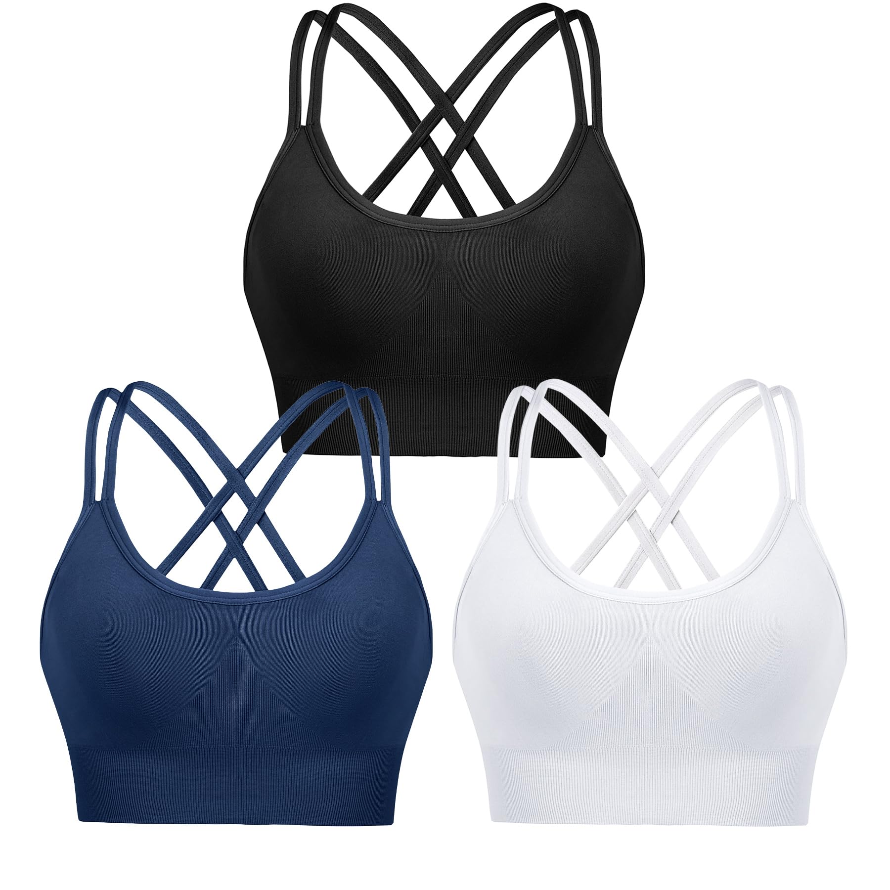 Leversic Sport BH Push up Cross Back Design Bustier Damen mit Gepolstert Ohne Bügel Damen-BHS mittelstarkem für Fitness Lauf Joggen, 3pcs-Schwarz+Weiß+Dunkelblau (315), XL