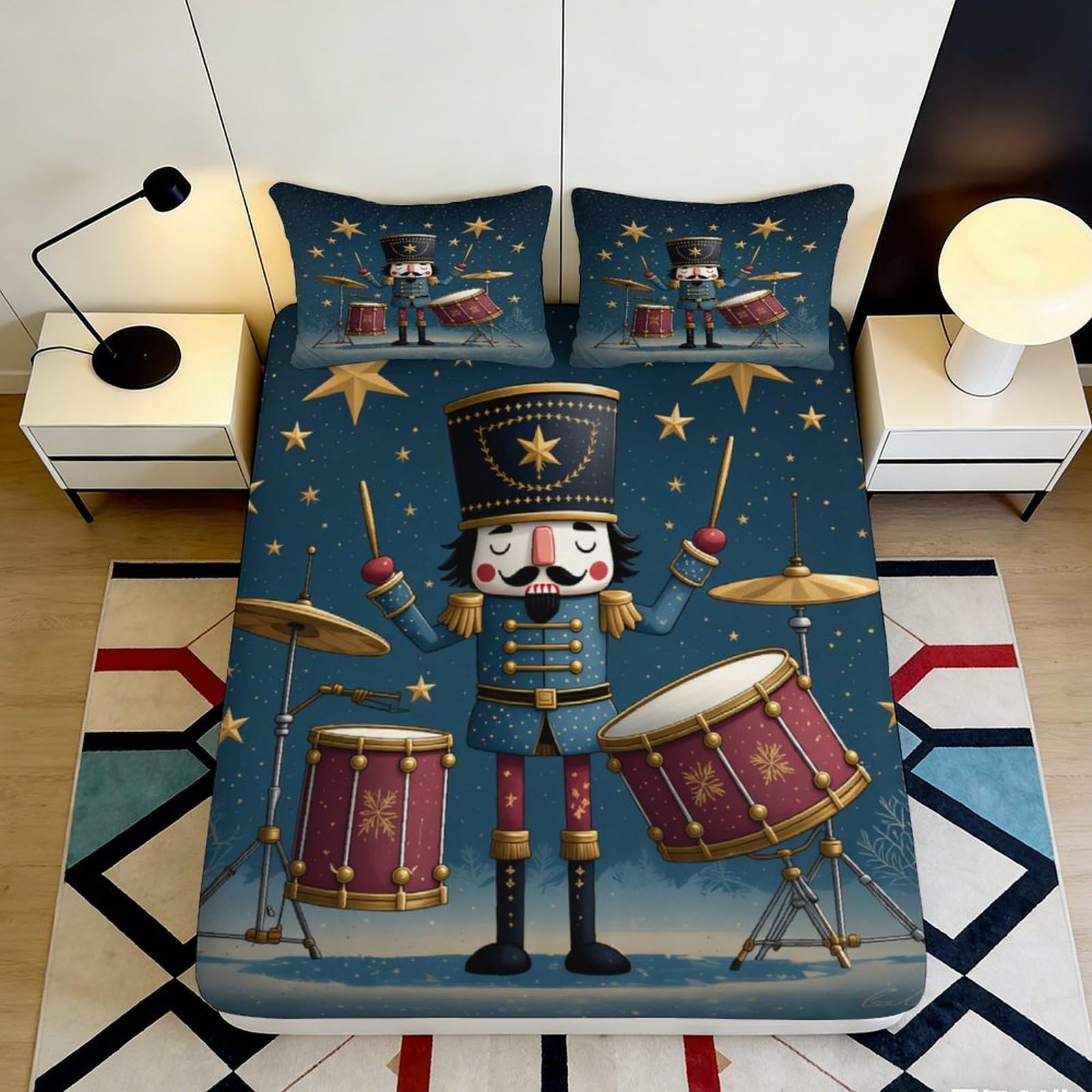 3D Printed Nutcracker Fitted Sheet, Microfiber soft touch, Christmas drum design, wrinkle resistant, apartment bedding, guest room decor 200x200x25cm