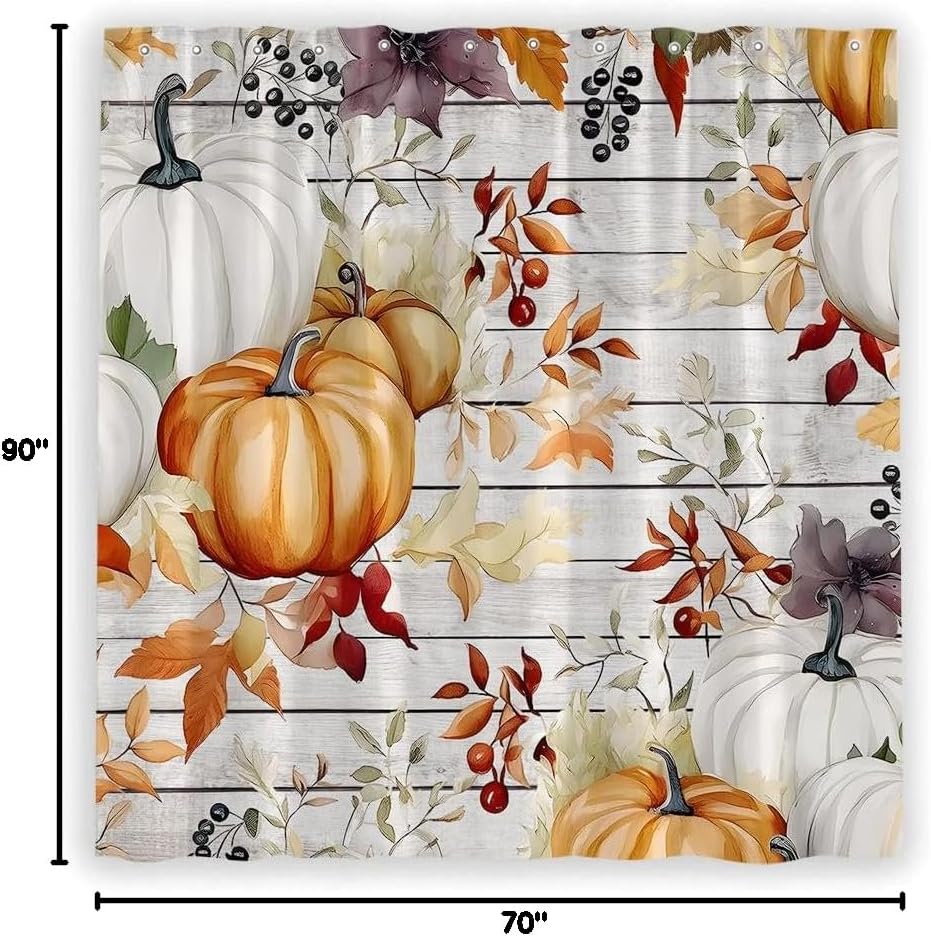 Autumn Boho Pumpkins Shower Curtain Watercolor Floral Leaves Plants Leaf Rustic Fall Thanksgiving Harvest Barn Wooden Plank Halloween Farmhouse Country Fabric Decor Bathroom Curtains with Hooks…