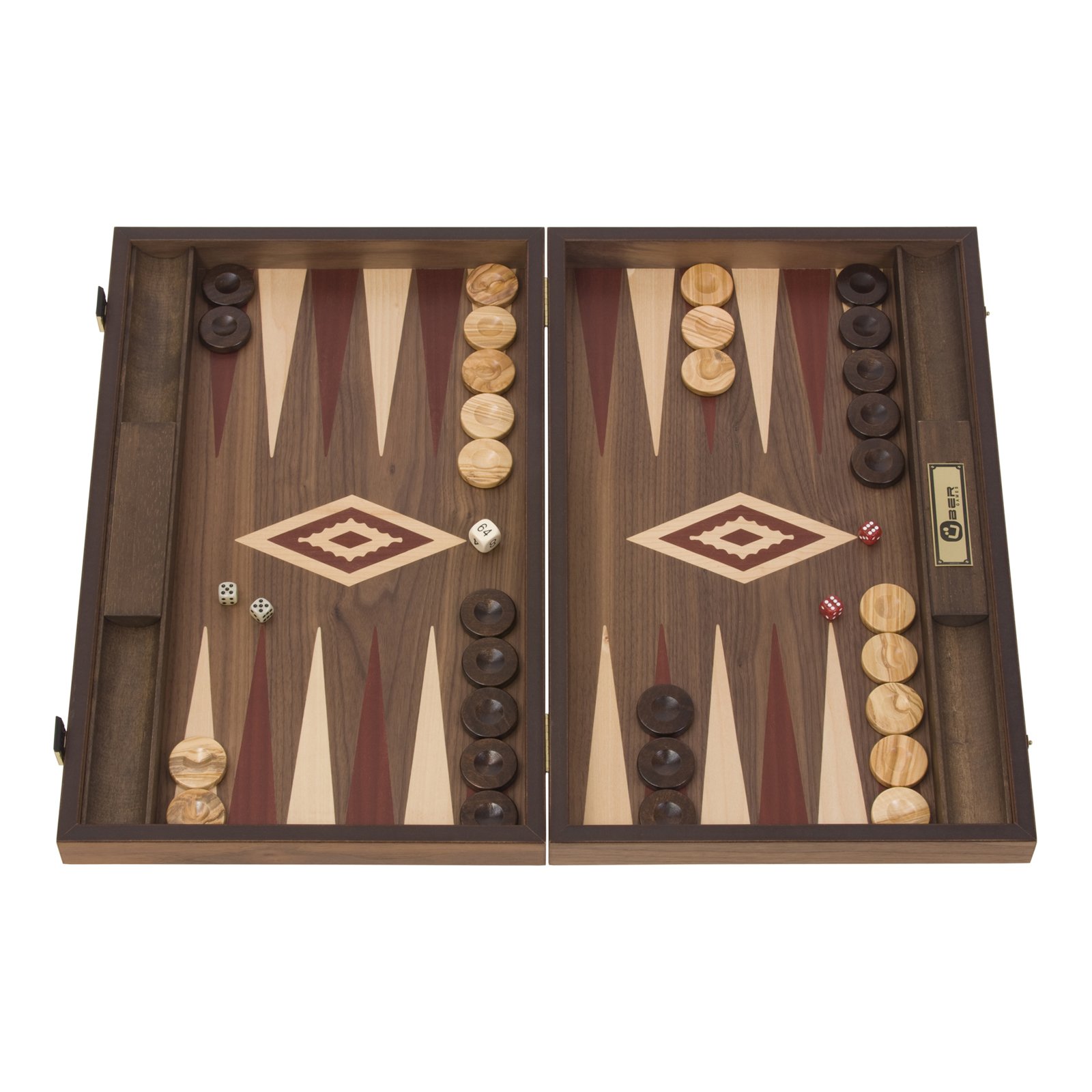 Uber Games Red Walnut Backgammon Set - Fantastic Quality Foldable Walnut Backgammon Boards measuring 48cm x 60cm x 4xm when open. Includes 30 coloured oak wood counters, 2 standard dice, a back gammon