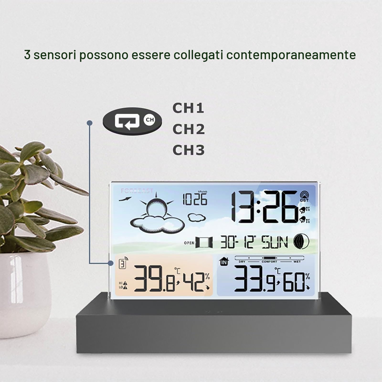 Stazione Meteorologica con Sensore Wireless Esterno, Stazione Meteorologica Digitale con Display LCD Wireless con Doppia Sveglia/Data/Temperatura/Umidità/Avviso/Barometrico/Previsioni Meteo Per Casa