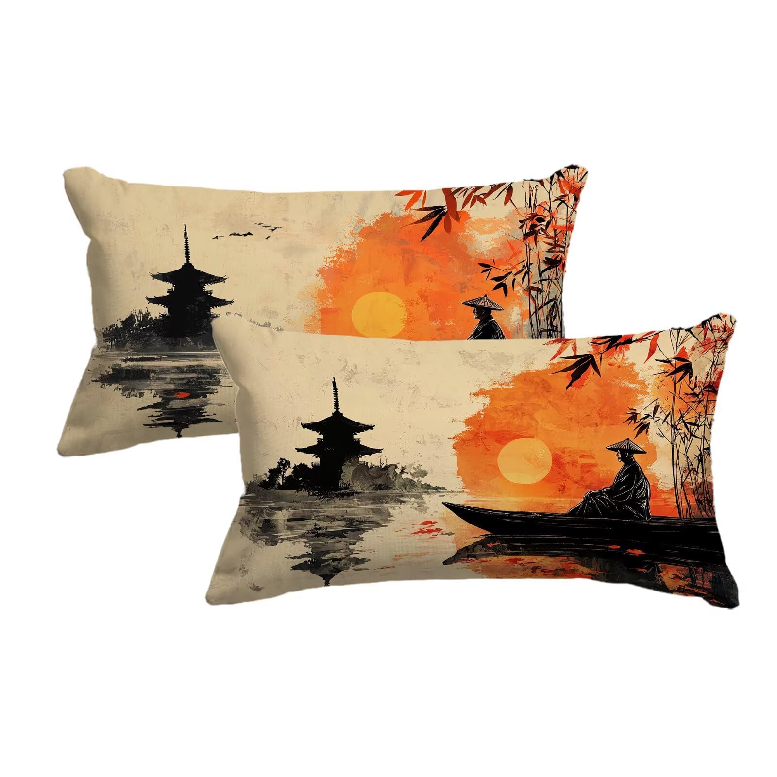 Housse coussin japonais décoratif paysage taie oreiller 40x80 lot de 2 double face pour maison salon