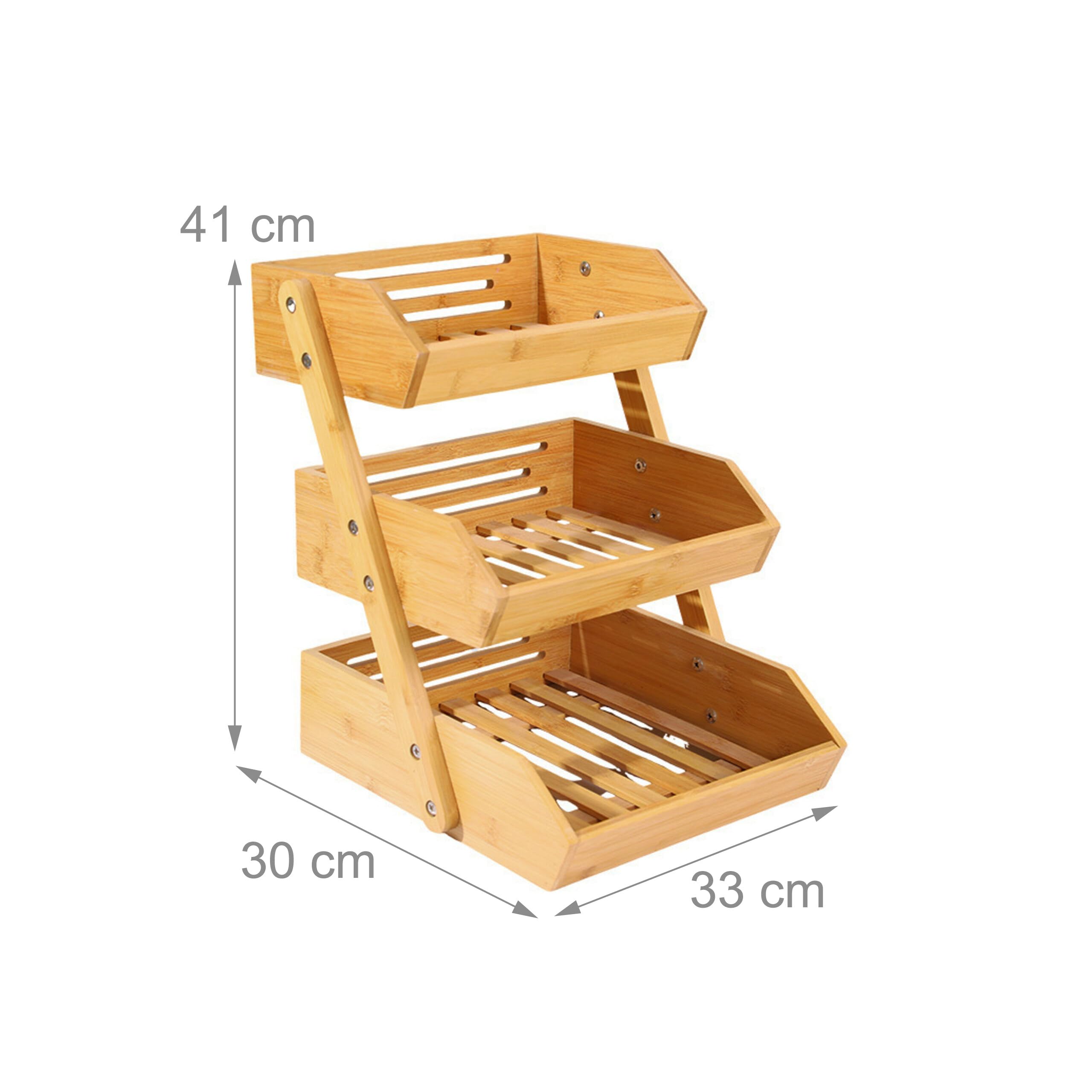 Relaxdays Étagère à fruits en bambou, 3 niveaux, H x L x P 41 x 33 x 30 cm, support pour fruits, légumes et pâtisseries.
