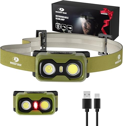 Miniatura 1 de Mossy Oak Linterna frontal recargable de 600 lúmenes, faro LED ligero con luz blanca y roja, lámpara frontal impermeable con banda antideslizante,