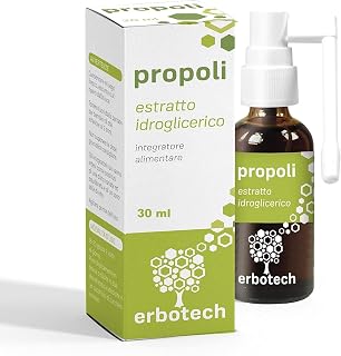 ERBOTECH Propolis Spray 30 ml, Urtinktur, reiner Extrakt, geeignet f&uuml;r KINDER, nat&uuml;rliches Heilmittel gegen Halsschmerzen und Husten, tr&auml;gt zum Wohlbefinden der Atemwege bei, Made in Italy