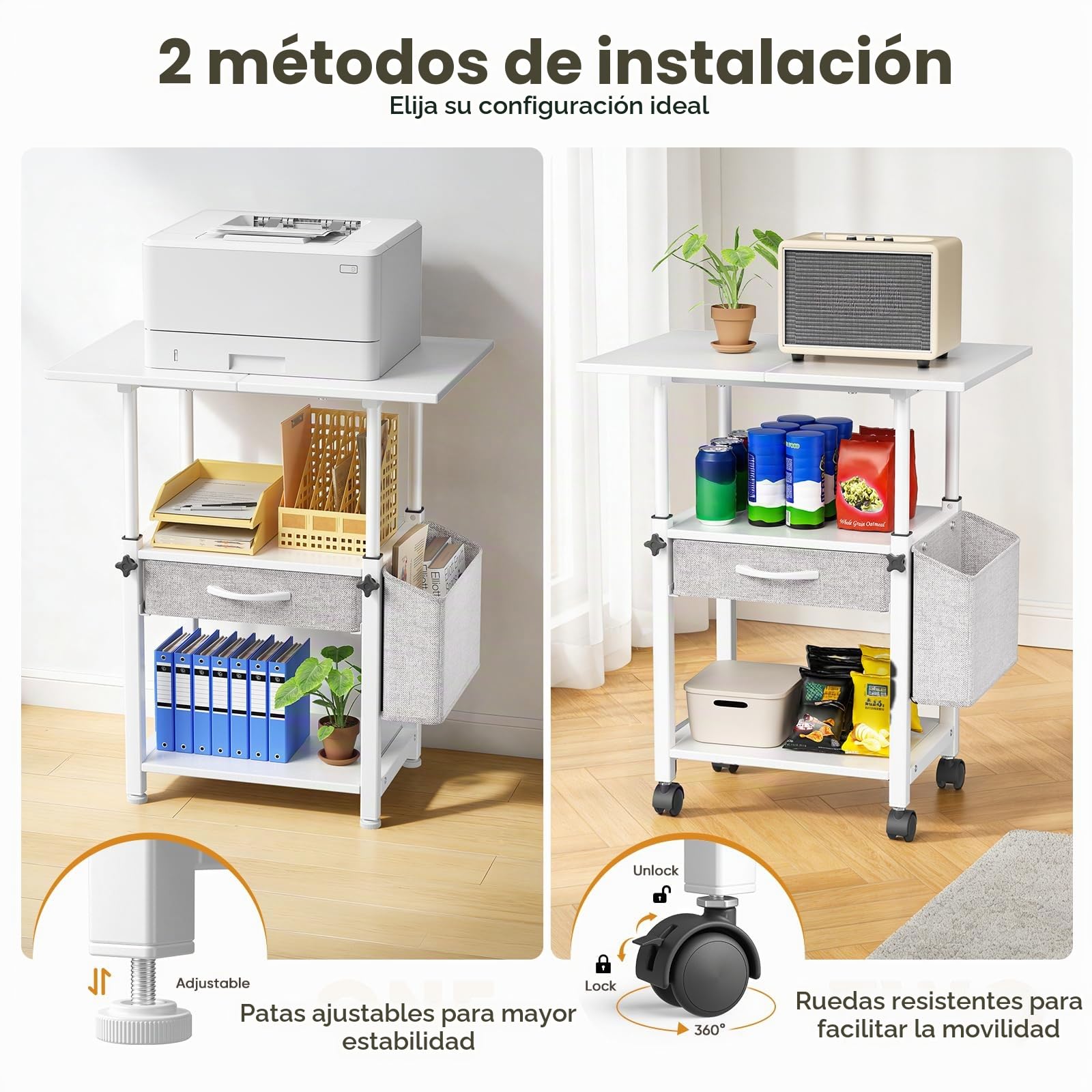 Mesa de impresión con ruedas Soporte de impresora de 3 niveles, mesa de impresora con cajón y bolsillo lateral, carrito grande con ruedas con estante ajustable para oficina y hogar (1)