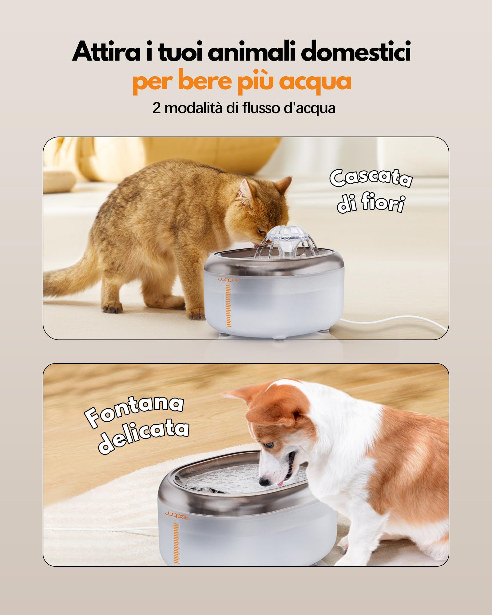 Wopet W300 Fontanella per Gatti con Filtraggio Vero, 2L Dispenser Acqua Gatti Automatico Ultra Silenzioso con Ciotola senza BPA e Filtri a 6 Stadi di Filtraggio（BlancoGris+4 filtro）