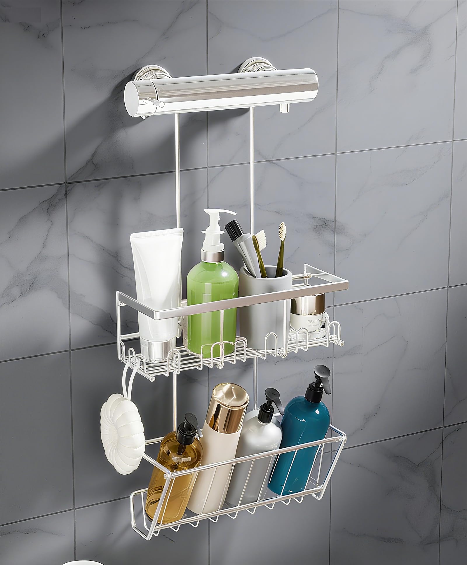 RUIHANDA Double Shower Caddy - Shower Caddy Hanging with Multiple Hooks, Sturdy Shower Shelf, No Drilling, Silver
