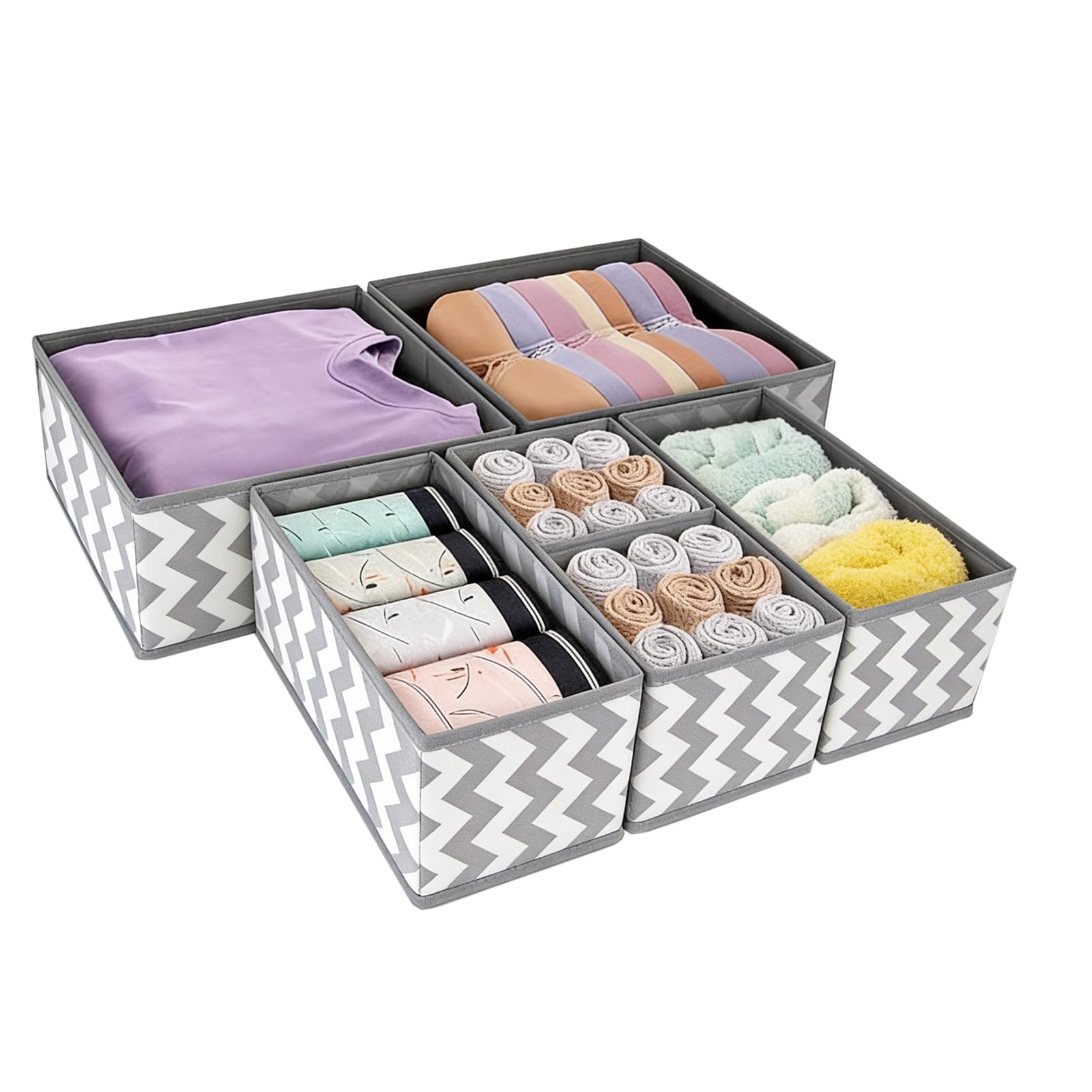 X-YSUNEAS 6-Piece Drawer Organizer Bins, Foldable Fabric Storage Drawer Dividers, Multi-Size Closet Organizers for Underwear, Socks, Ties, Makeup