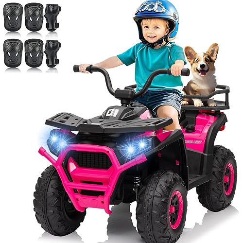 24V 4x4 Ride on Toys Car, BLISSRIDE Kids ATV Quad w/Kneepads, Bluetooth Music, LED Lights, Rear Storage Rack, Spring Suspension, Safe Soft Start&Brake, Electric 4 Wheeler for Kids Boys Girls