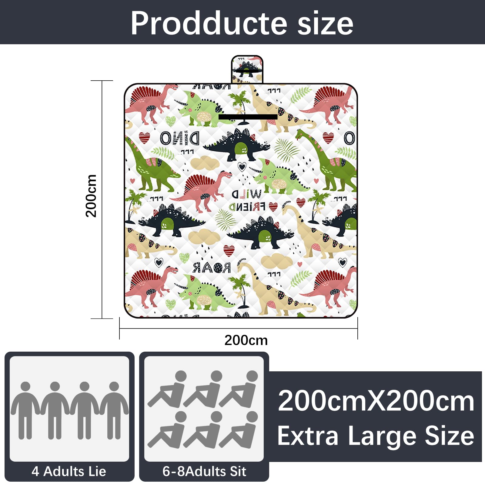 Tappetino da picnic 2 mx2m (dinosauro) - Coperta da Picnic - Picnic Blanket Impermeabile e Pieghevole | Coperta Picnic Lavabile per Spiaggia, Campeggio, Giardino, Parco