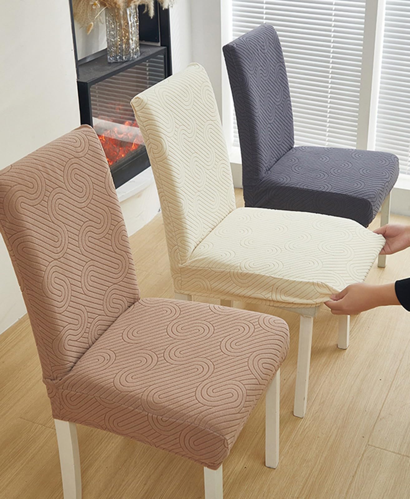 Esszimmer Stuhlhussen 2/4/6er-Set,Stretch-Jacquard-Stoff Küchenstühle,Stuhlhussen Schutz für Hotel-Speisesäle Zeremonien Bankette Hochzeiten(Beige,6 Set)
