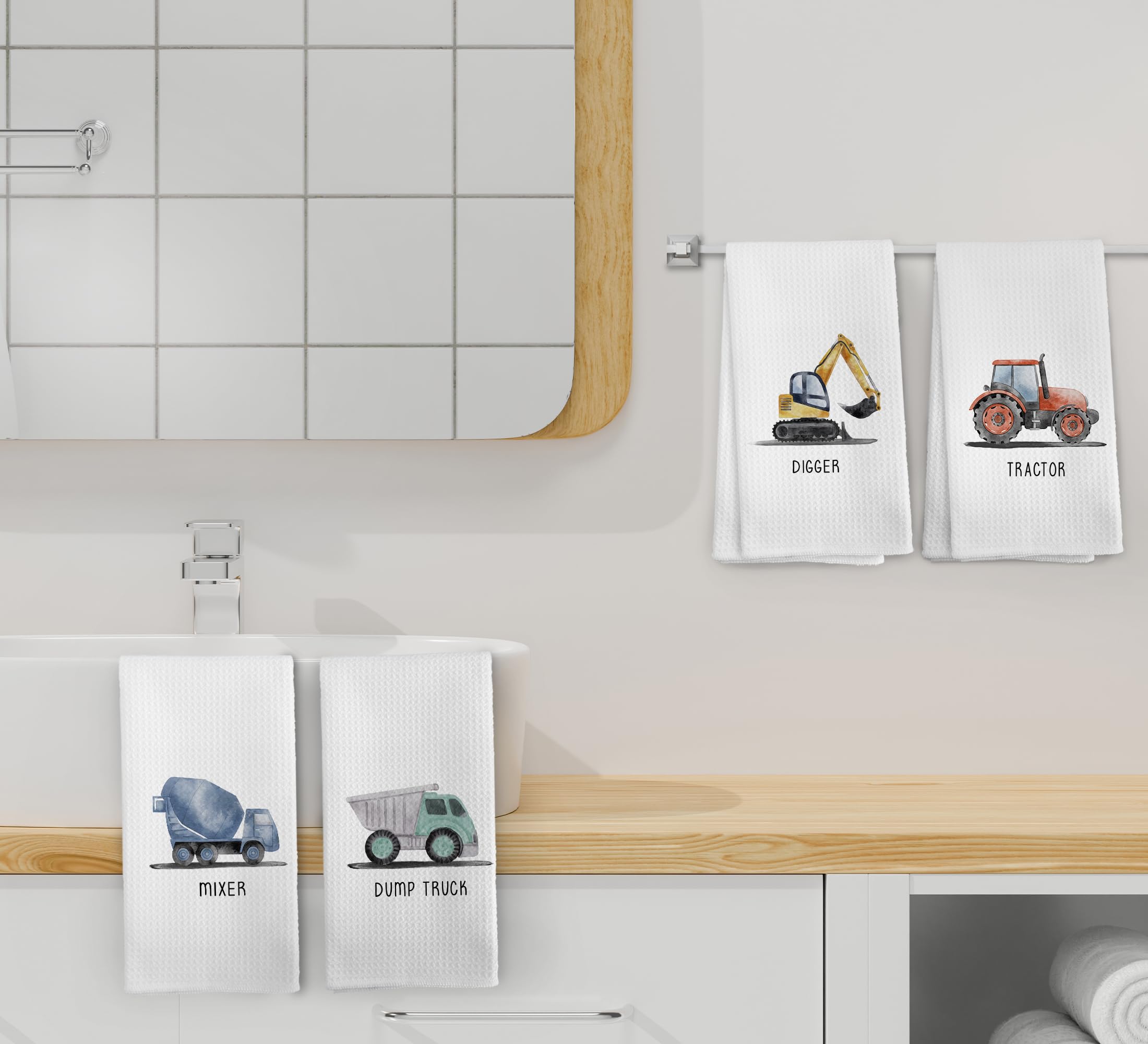 Juego de 4 toallas de mano decorativas de vehículos de construcción para niños, toalla de mano decorativa para niños, vehículos de ingeniería, toallas de mano para baño, cocina, 16 x 24 pulgadas