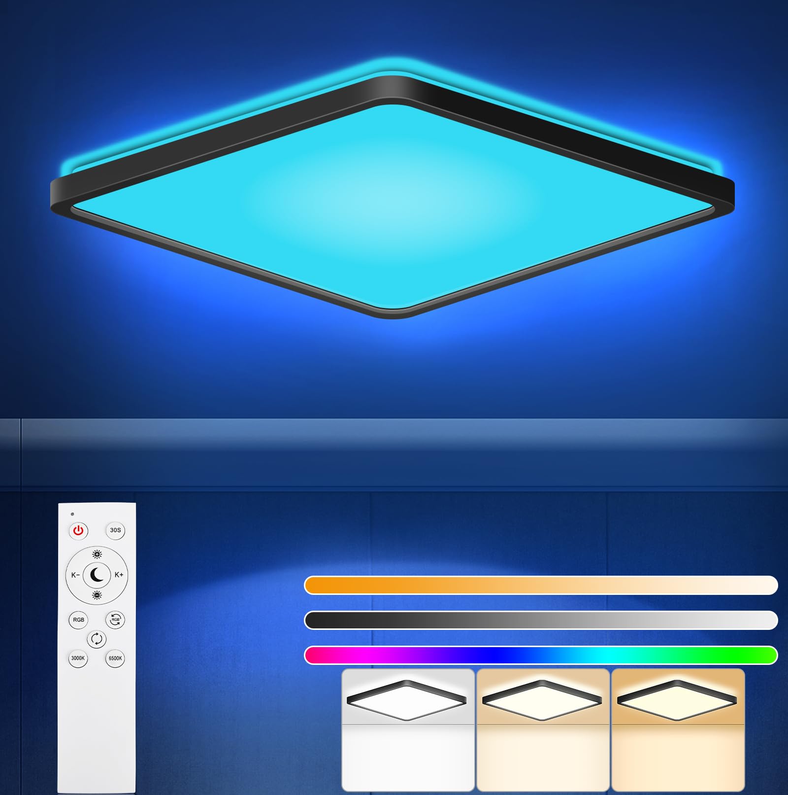 RDGOOD 24W RGB LED Plafón Regulable con Mando a Distancia, 2400LM Lámpara de Techo LED Regulable 3000K-6500K, RGB Color Cambiante Para Salón Dormitorio Cuarto de Niños Cocina Sótano 30x30x2.5cm
