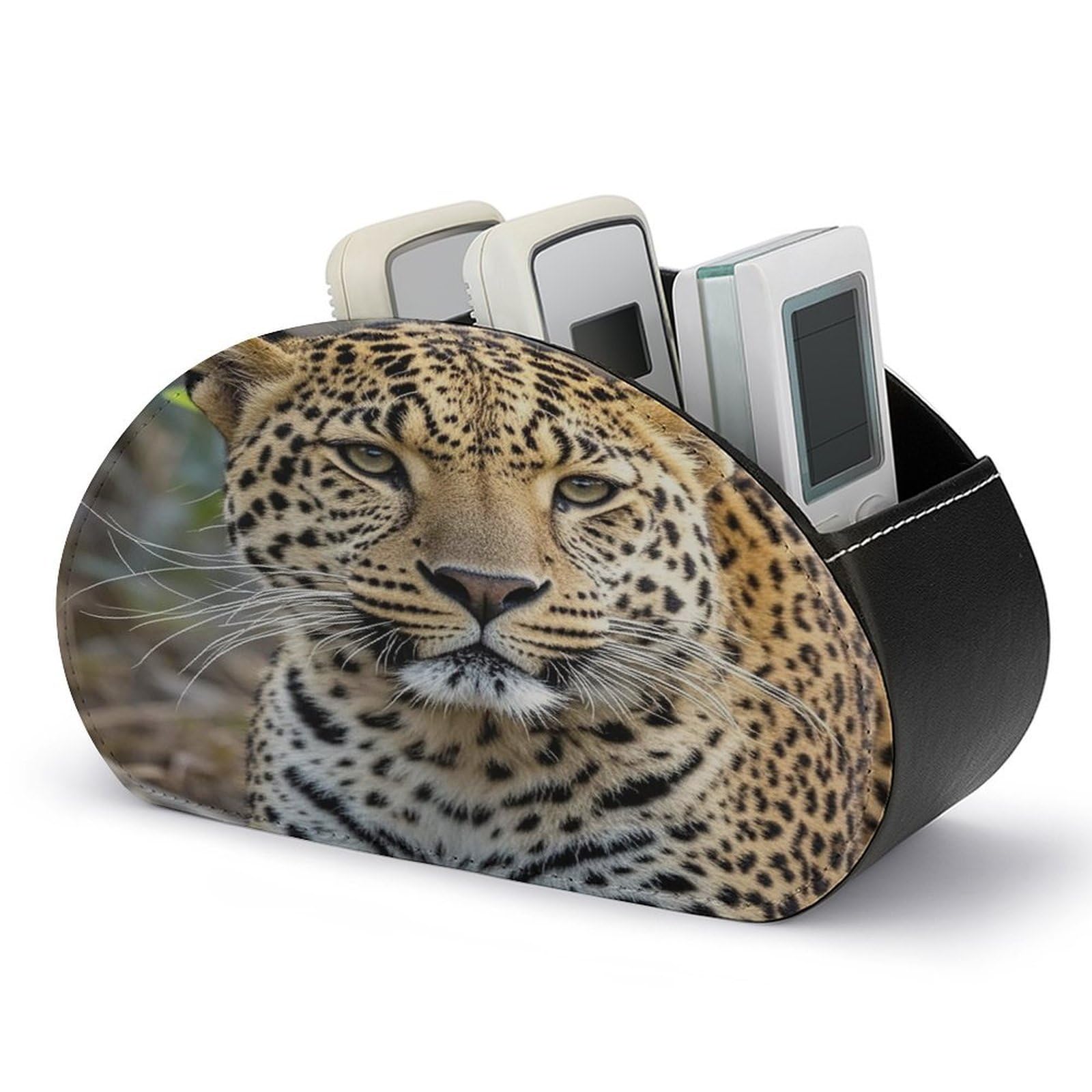 LZQPOEAS African Animal Leopard Remote Control Holder with 5 Compartments PU Leather Remote Organizer Box Caddy for Table Nightstand Remote Caddy Desktop Organizer Fits Media Controllers