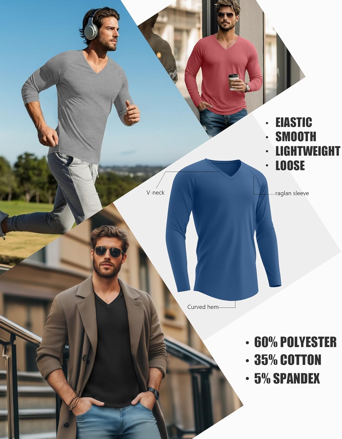 4 Pcs Mens Long Sleeve V Neck Shirts Raglan Sleeve Curved Hem Tees Lightweight Casual Basic Workout T Shirts - Image 4