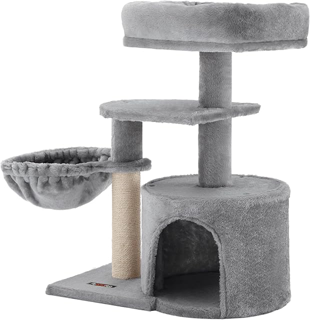 FEANDREA Cat Tree, Small Cat Tower, Kitten Scratching Post, Light Grey PCT59W