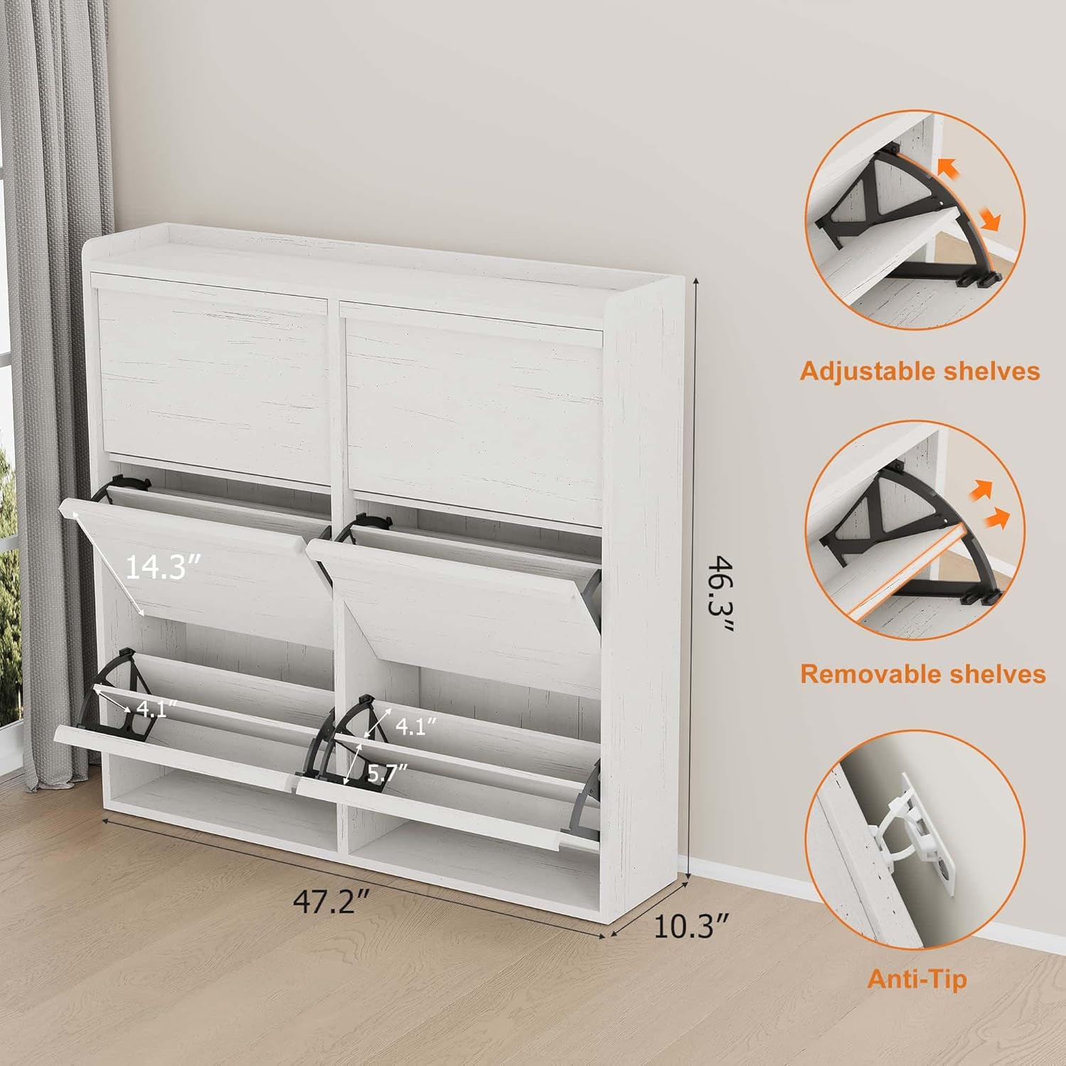 Garvee Shoe Cabinet with 6 Flip Drawers, Modern Freestanding Narrow Shoe Organizer with Adjustable Shelves, Flat Top for Storage, Wooden Shoe Cabinet for Entryway, Living Room, Hallway, White