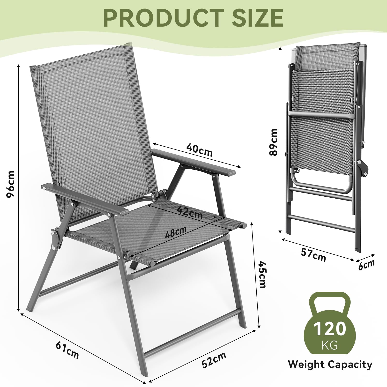 LIFERUN Gartenstühle 2er Set, Klappstühle mit Rückenlehne Armlehnen, Metall Gestell, Bis 120kg Belastbar, Leicht Klappstuh für Camping, Garten, Terrasse und Balkon, Dunkelgrau