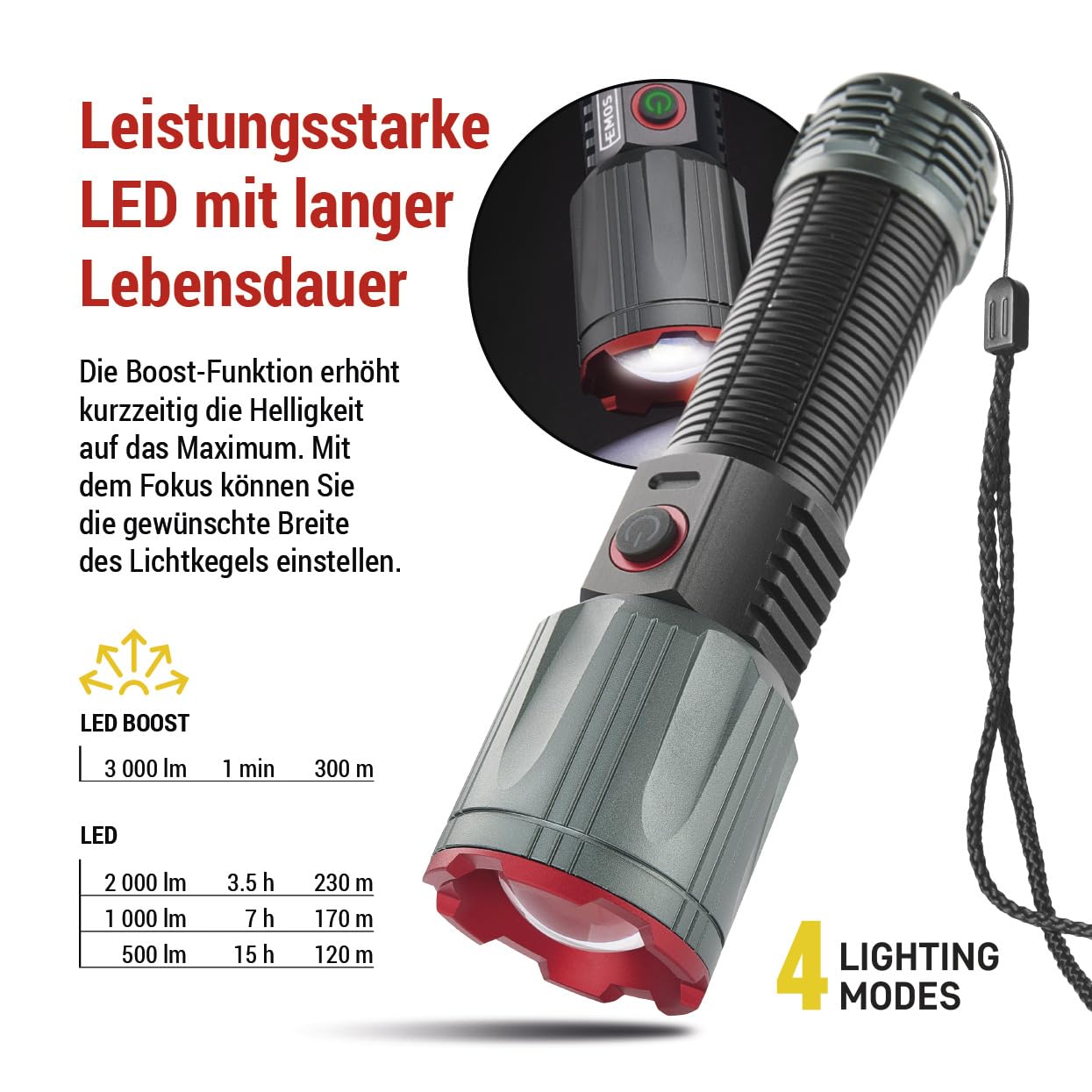 EMOS - LED-Metall-Taschenlampe mit Akku, Boost-Funktion, Powerbank und Zoom - wiederaufladbar, stoßbeständig, wasserdicht - superhell 3000lm, 300m - Handschlaufe - für Innen und Außen - schwarz-grau