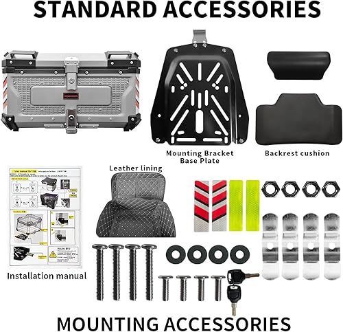 Miniatura 5 de WoshiDer Funda superior para motocicleta, caja superior plateada de 65 L, caja de almacenamiento de aluminio para puerta trasera de motocicleta,