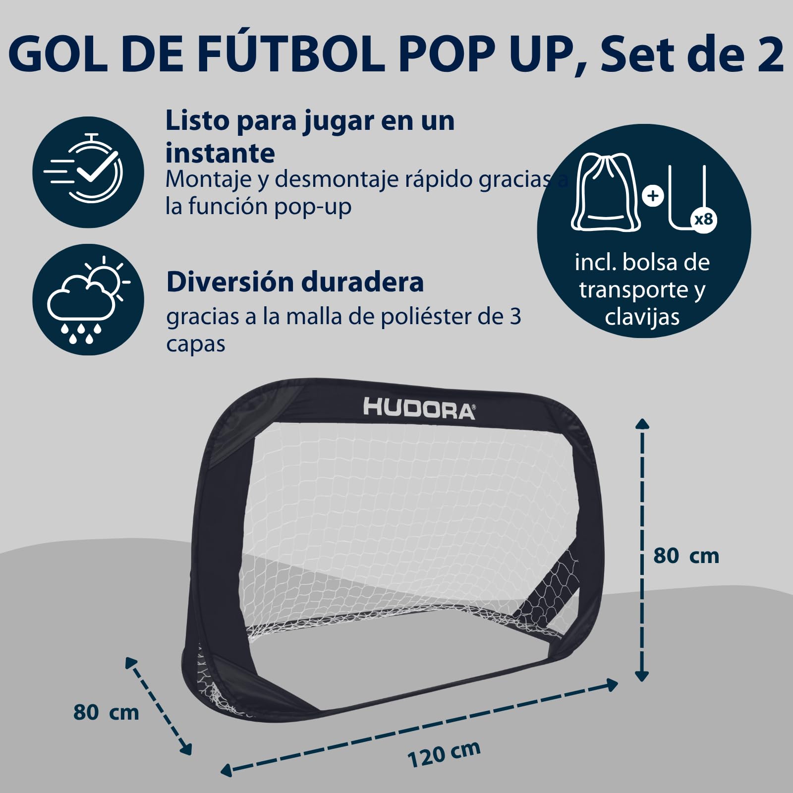 HUDORA Conjunto De 2 Porterías De Fútbol Plegables I Set de Porterías de Fútbol Plegables para Niños y Adultos I con Bolsa de Transporte & Estacas I para Jardín, Parque & Playa | Negro