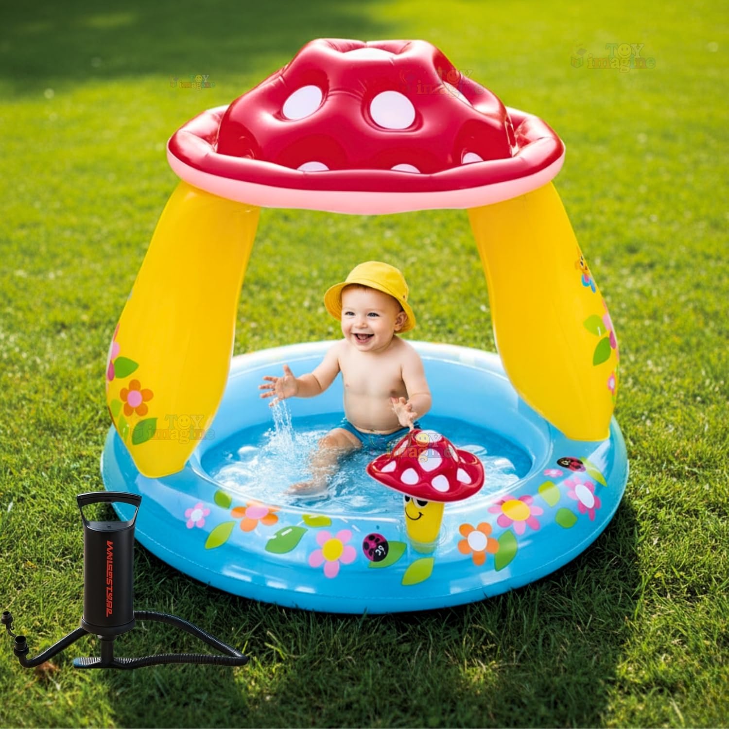 Toy Imagine Combo Mushroom Baby Pool Built-in Shade with Double Quick Air Hand Pump Inflatable Holi Swimming Pool-image-42