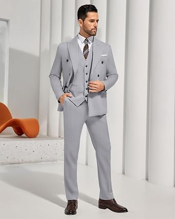 Mens Double Breasted Suits Mens 3 Piece Slim Fit Suit for Men Business Wedding Tuxedo Solid Blazer Vest Pants