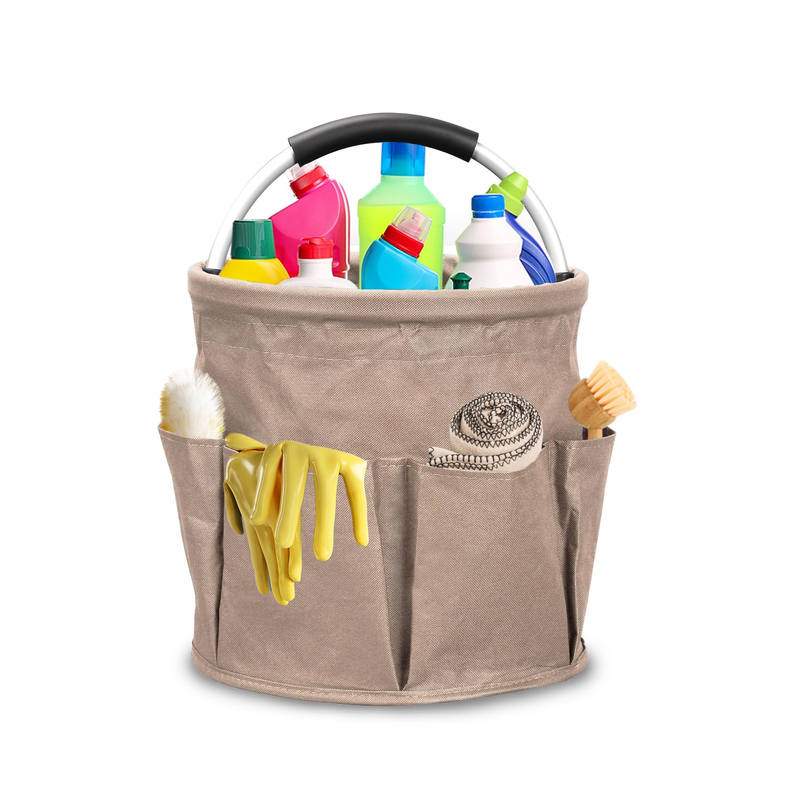 Ruaizel Cleaning Caddy with Handle, Foldable Cleaning Caddy Organiser, Cleaning Bag for Garden Small Tools Bag,Multi pocket Craft Universal (Khaki)